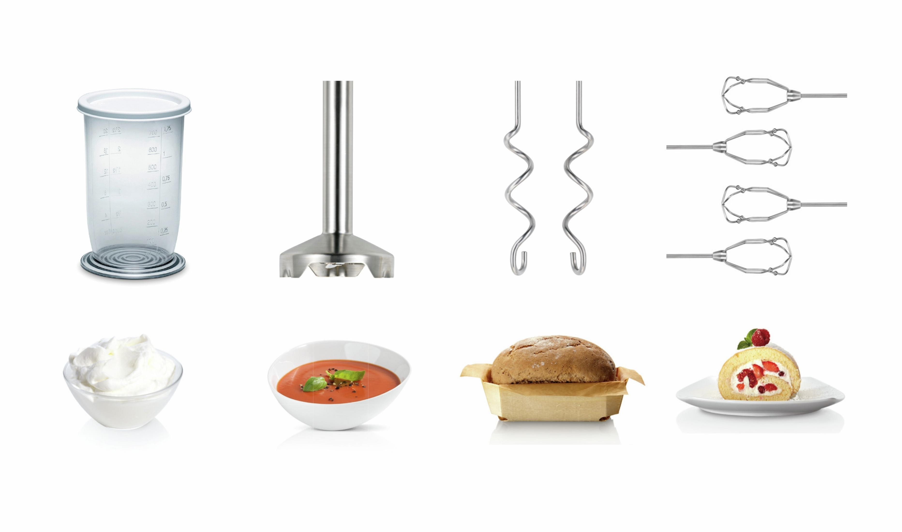 Assortment of kitchen tools: blender parts, cream, soup, bread, and a cake roll on white.