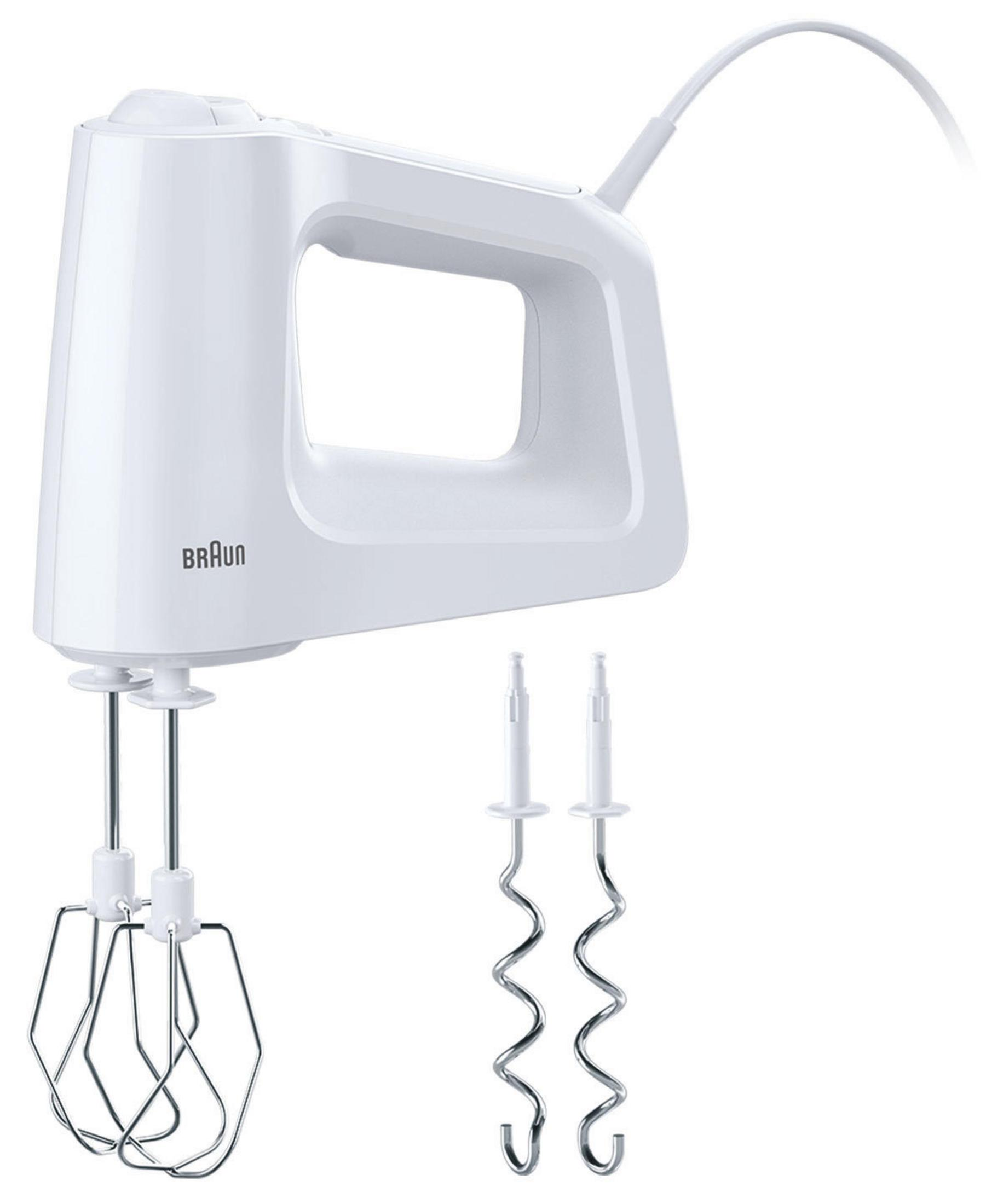 Ein weißer Braun Handmixer mit zwei Schlagbesen und zwei zusätzlichen Schlagbesen.