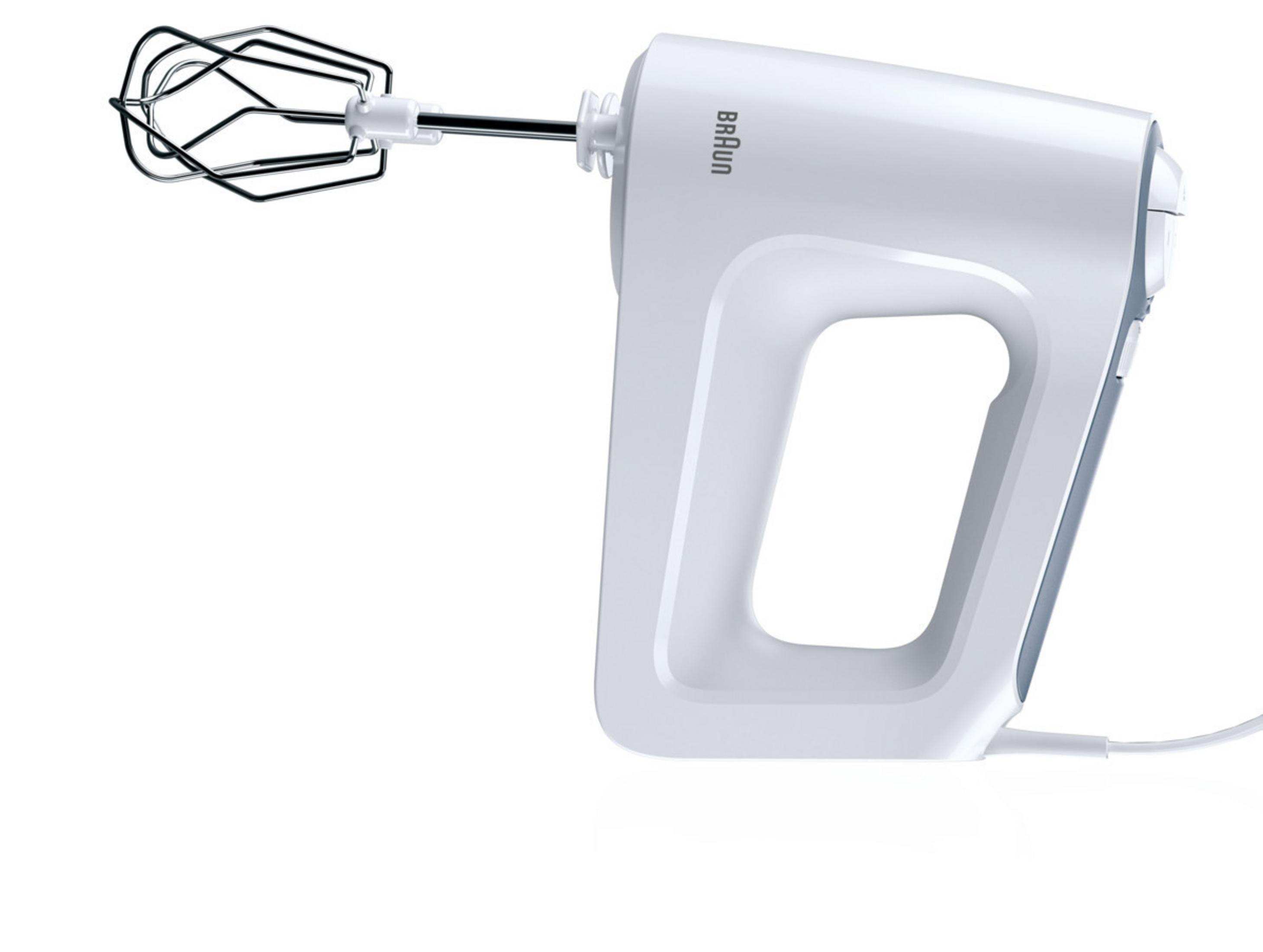 Weißer Braun Handmixer mit Drahtschlägern.