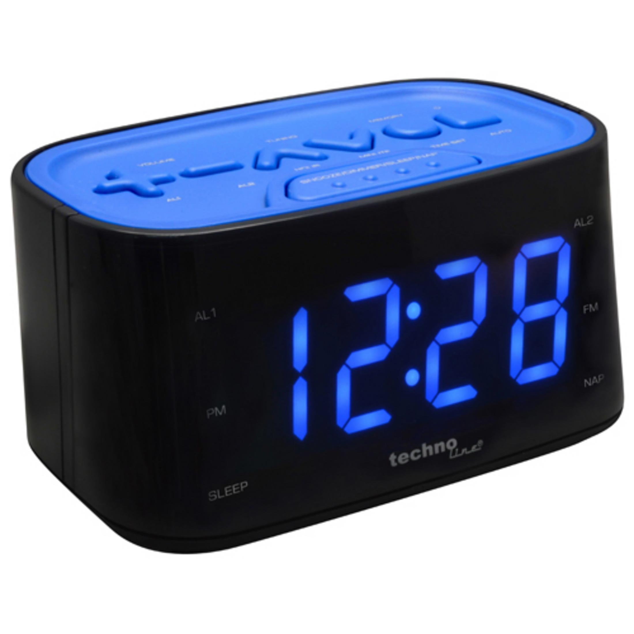 Schwarz-blauer digitaler Wecker mit Anzeige 12:28. Enthält Knöpfe und das Techno Line Logo.