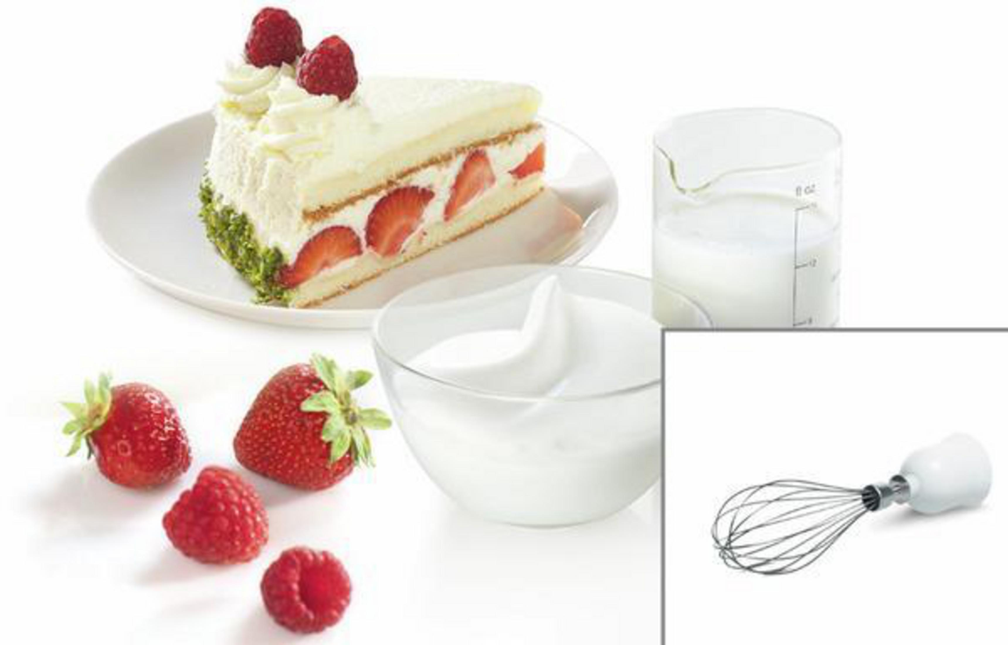Kuchenstück mit Erdbeeren, Himbeeren, Schlagsahne und Milch.