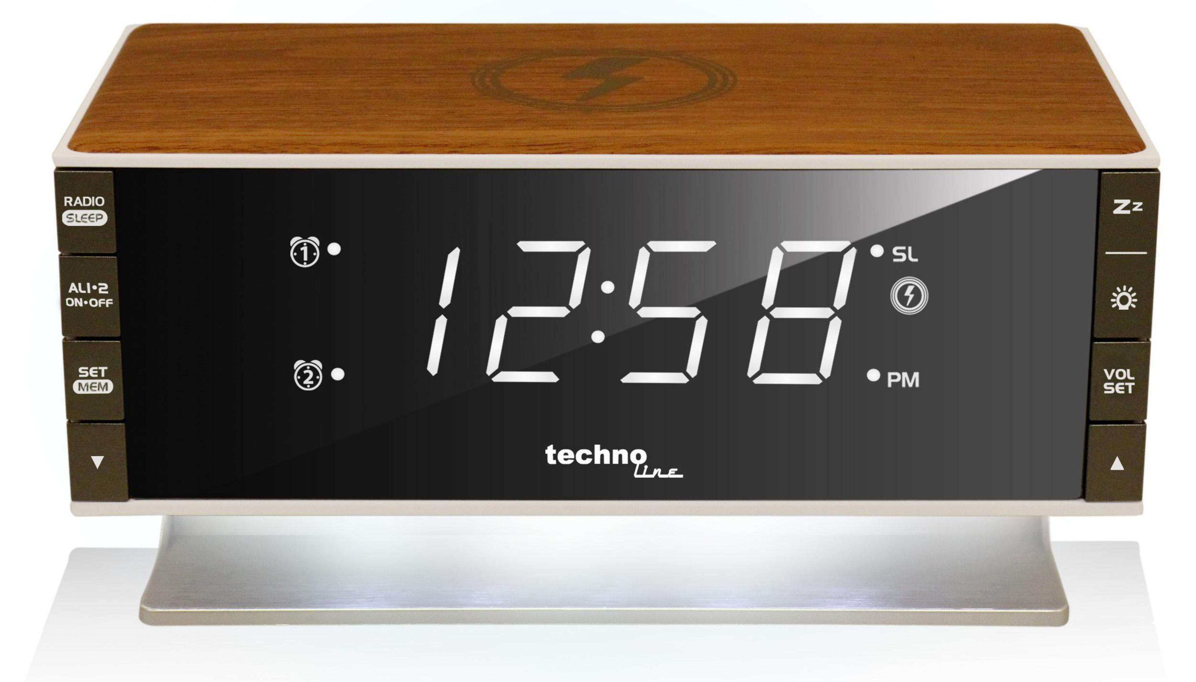 Digitaler Wecker mit Holzaufsatz zeigt die Uhrzeit 12:58 an. Tasten links und rechts für Radio, Sleep und Einstellungen.