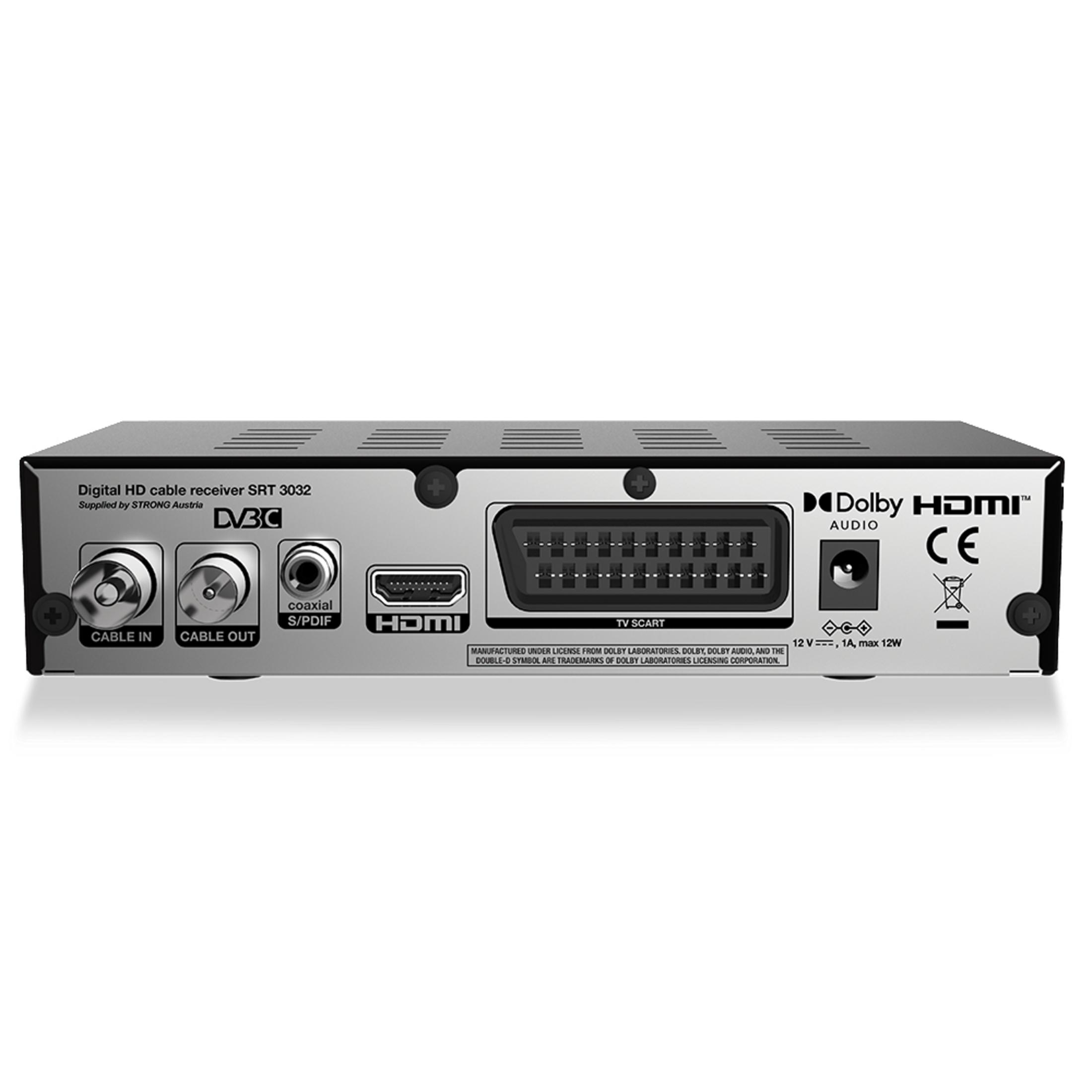 Schwarzer digitaler HD-Receiver mit Anschlüssen und Beschriftungen.