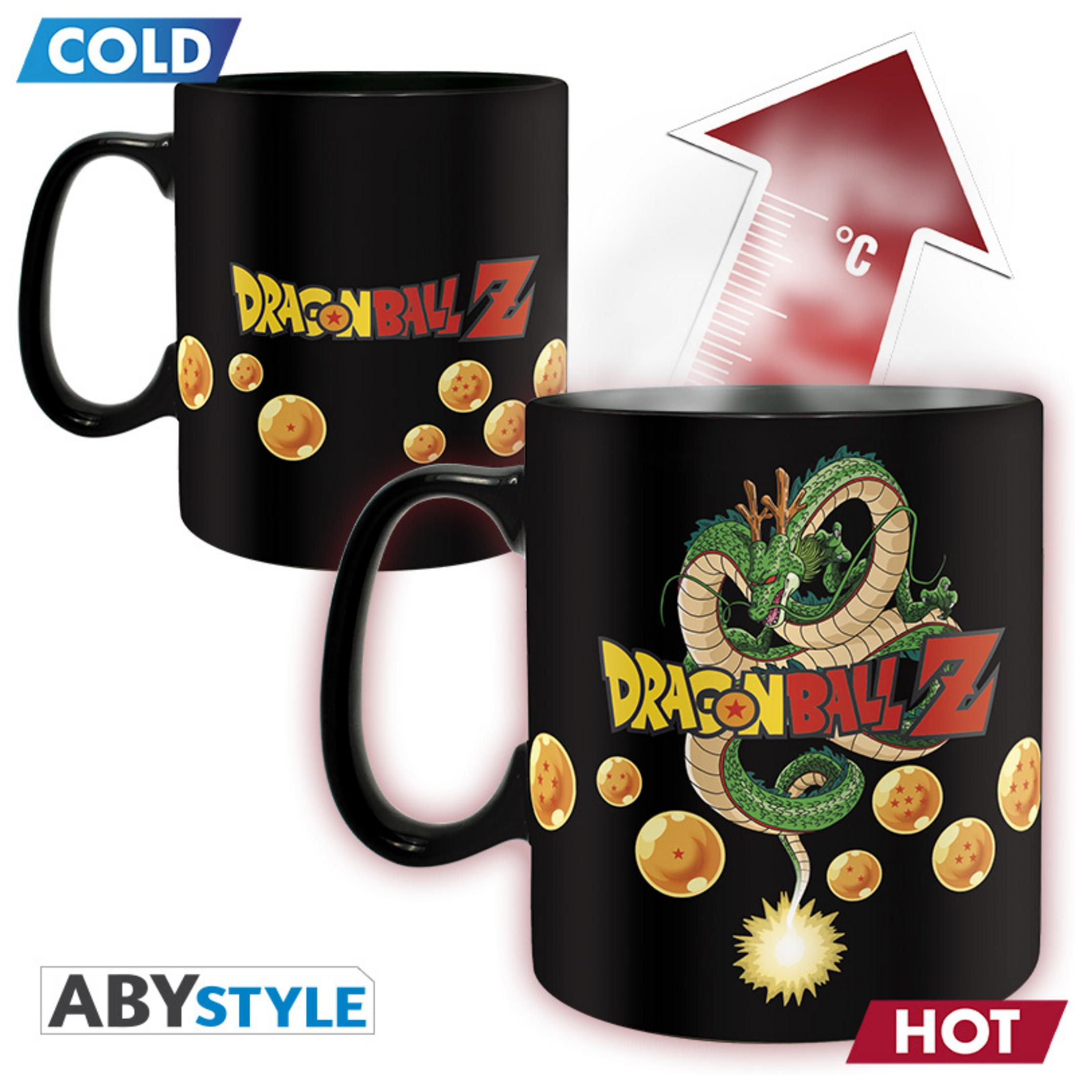 Dragon Ball Z wärmeempfindliche Tasse. Zeigt Logo und Shenron bei Hitze, goldene Kugeln.