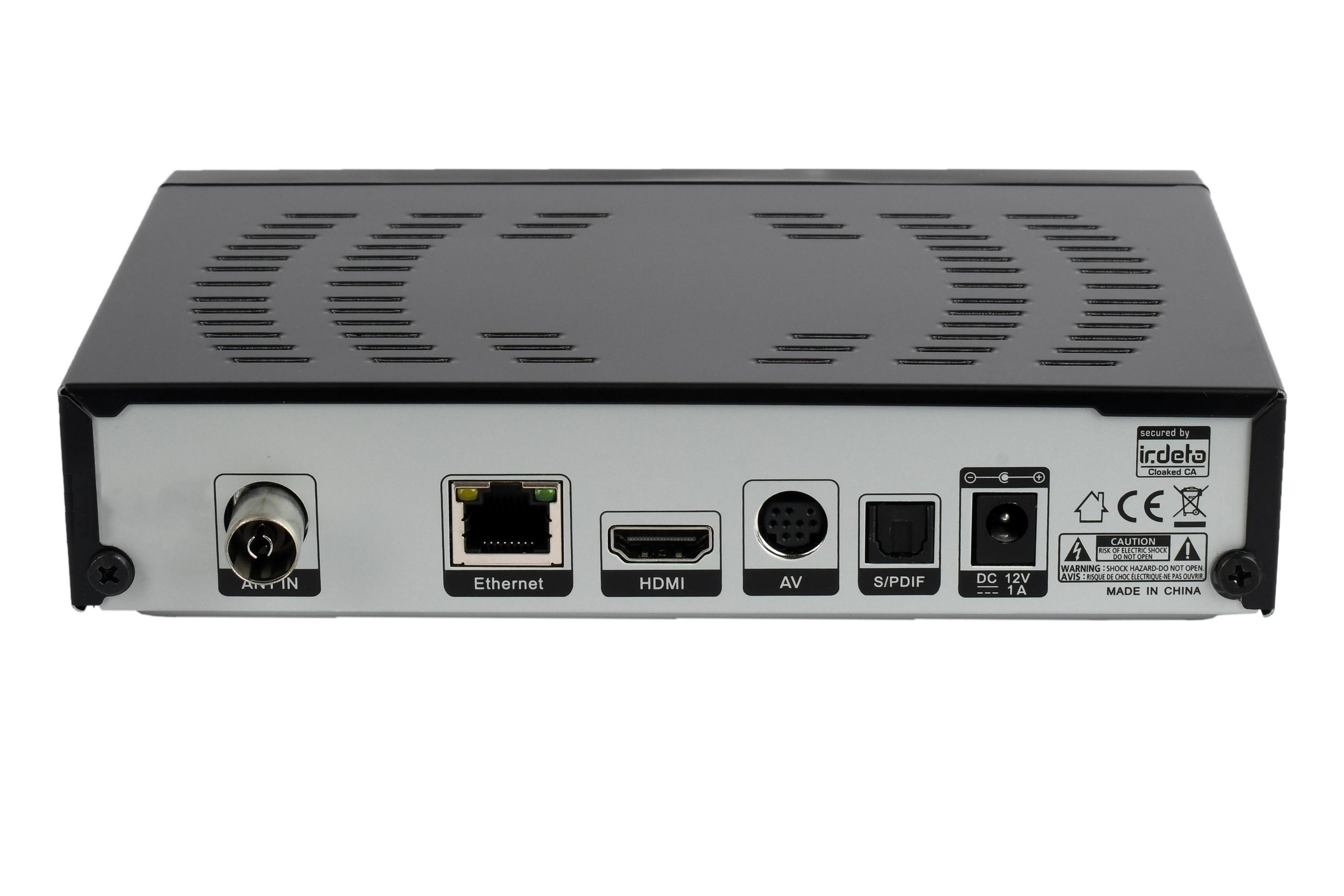 Schwarze TV-Box-Rückseite mit Anschlüssen: Antenne, Ethernet, HDMI, AV, S/PDIF, DC 12V und CE-Zeichen.