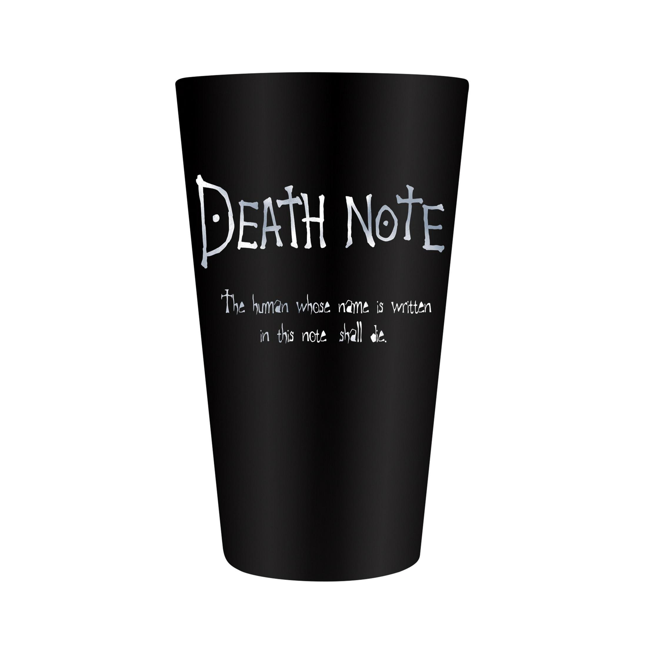 Schwarzes Glas mit weißem 'Death Note' Text und einem Zitat.