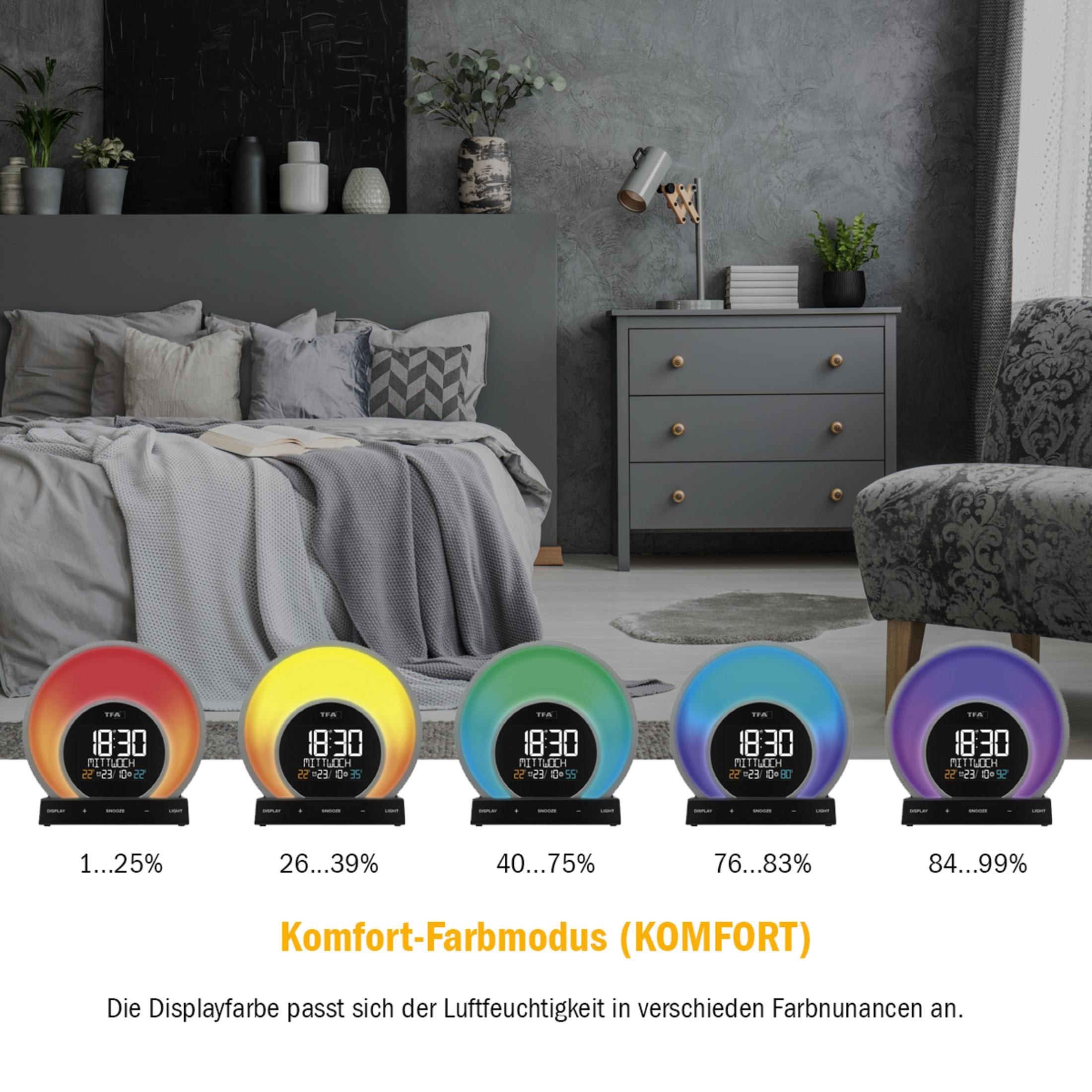 Schlafzimmer mit Bett und farbigen Weckern. Die Anzeigefarbe ändert sich auf den Uhren.