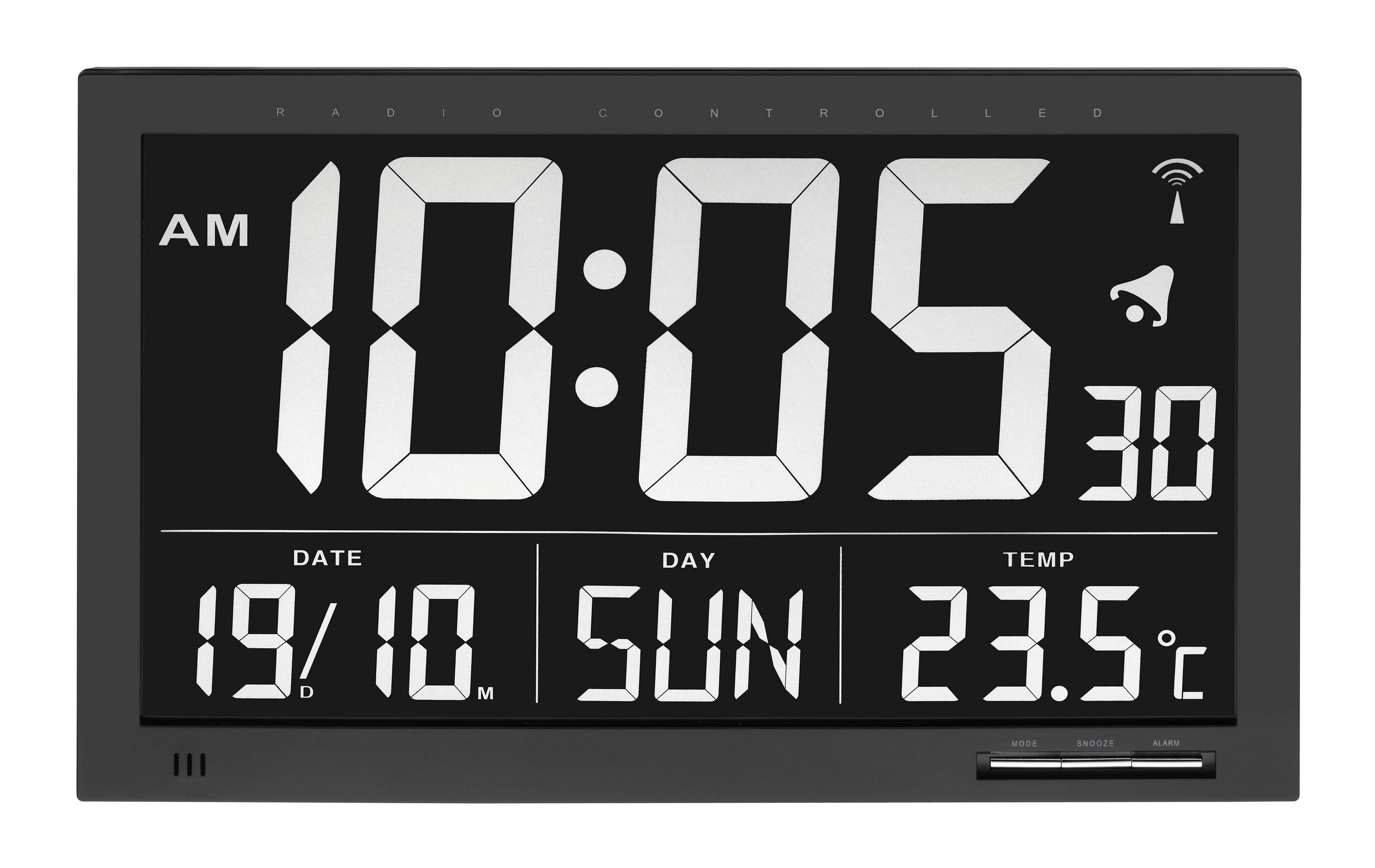 Schwarze Digitaluhr, die 10:05 Uhr anzeigt, Datum, Tag und Temperatur.