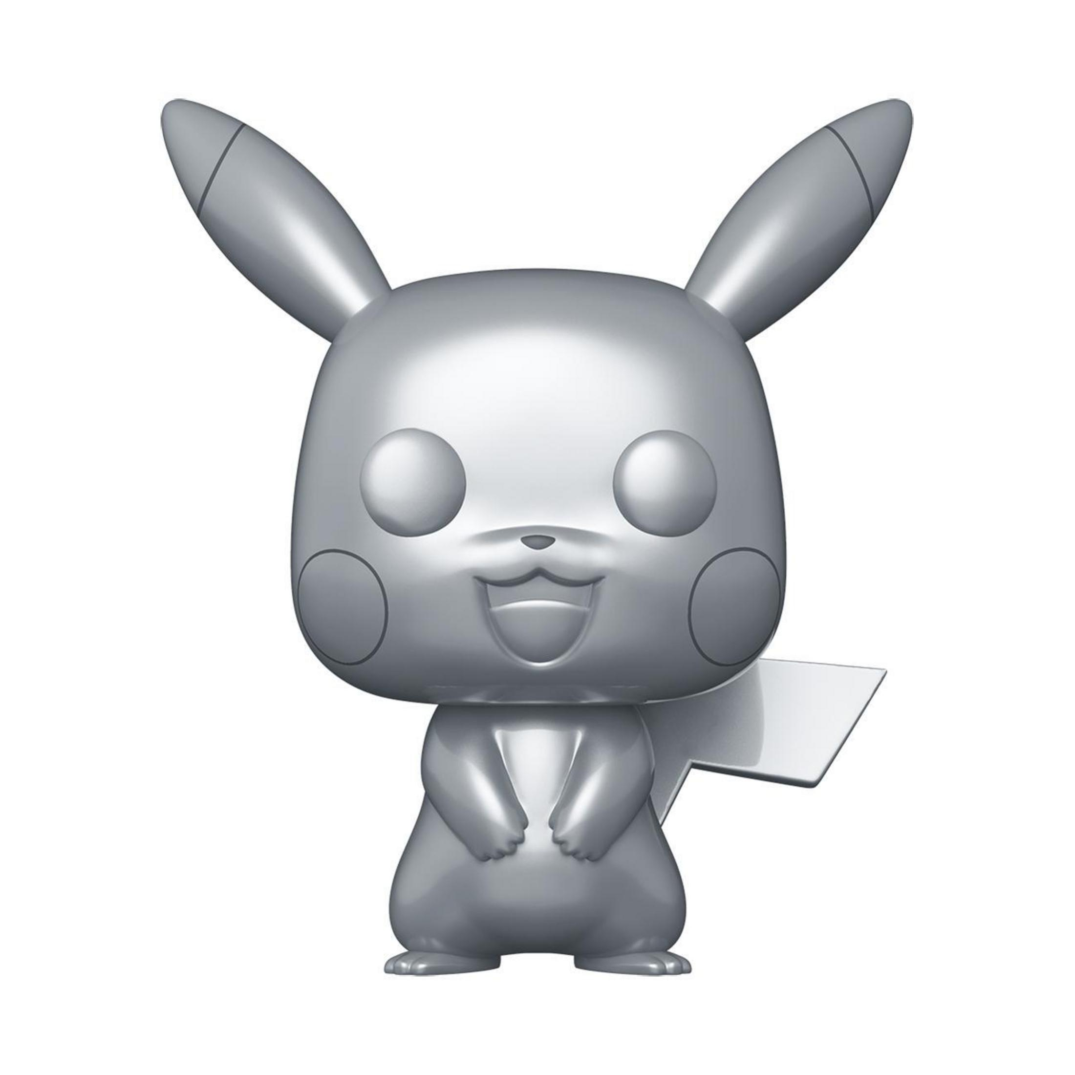Eine silberne Pikachu-Figur mit großen Ohren und einem lächelnden Gesicht. Es ist ein stilisiertes Design.
