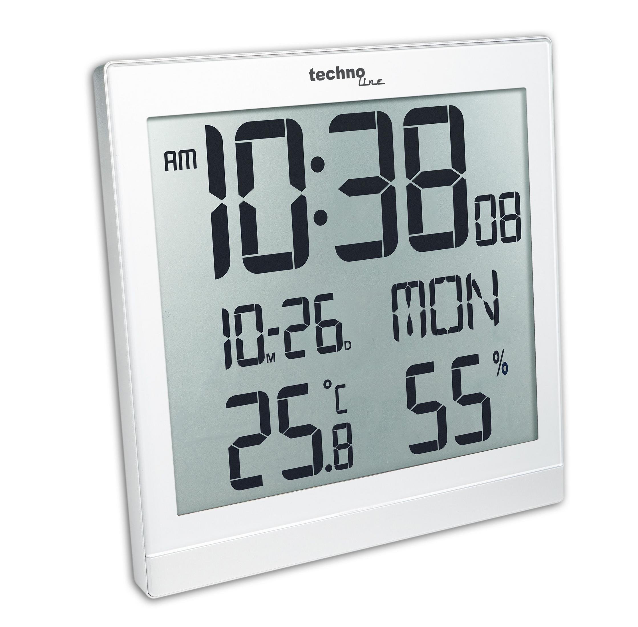 Une horloge numérique de 'techno line' affichant 10h38, 10h26 LUN, 25,8°C et 55% d'humidité.