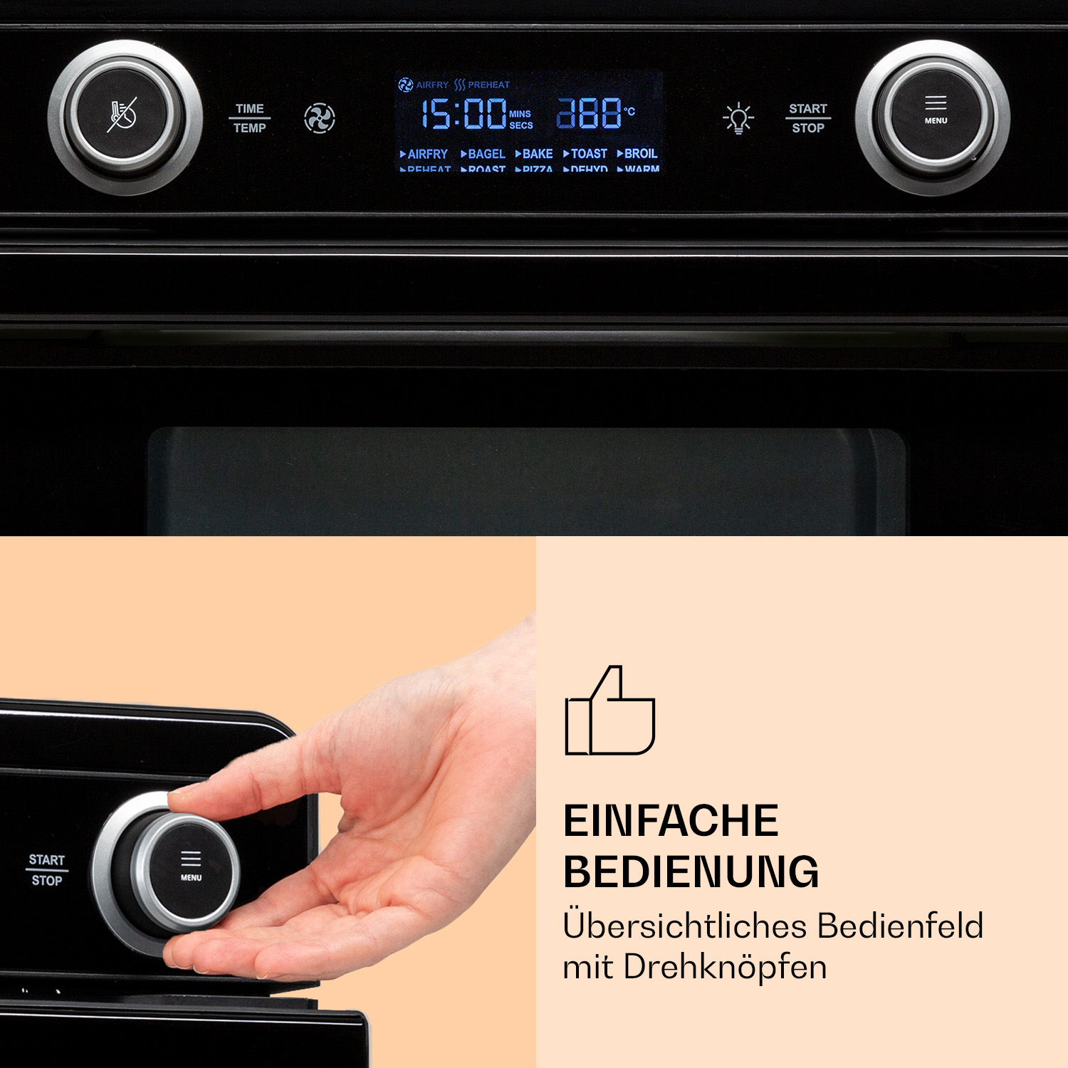 Eine schwarze Bedienblende eines Ofens mit einer Hand, die einen Drehregler betätigt, Text auf Deutsch.