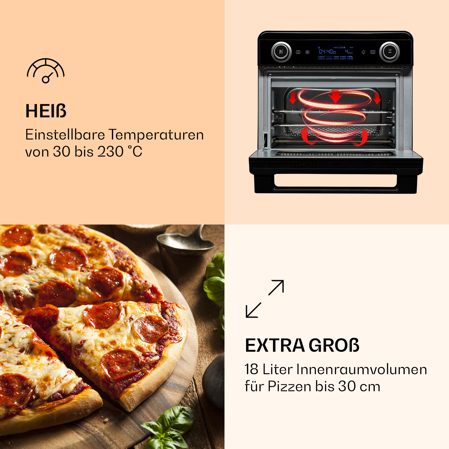 Ofen mit Pizza, zeigt Hitze und extra großes Fassungsvermögen für Pizzen bis 30cm.