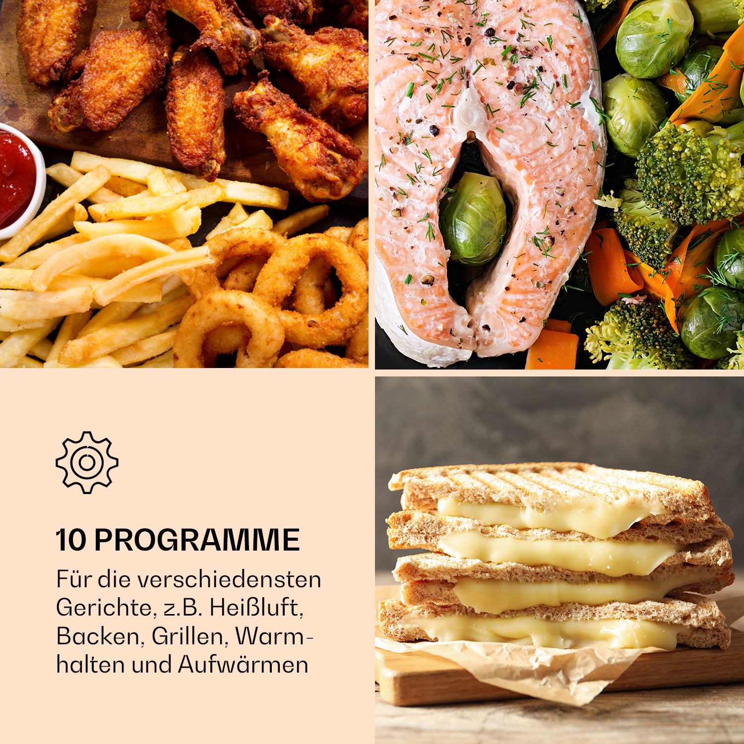 Eine Collage von zubereiteten Speisen, darunter Hähnchen, Pommes, Lachs, Gemüse und ein Sandwich.