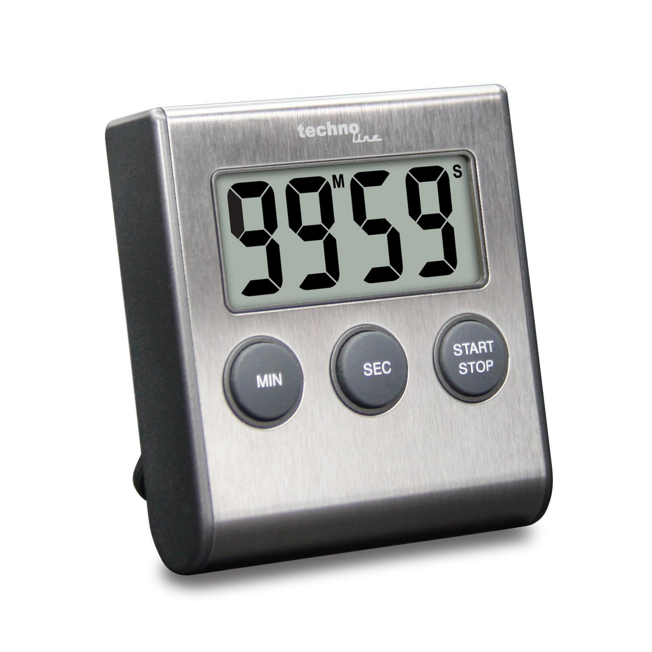 Silberner Techno Line Timer. Digitalanzeige zeigt '99:59'. Drei Tasten: MIN, SEC, START/STOP.
