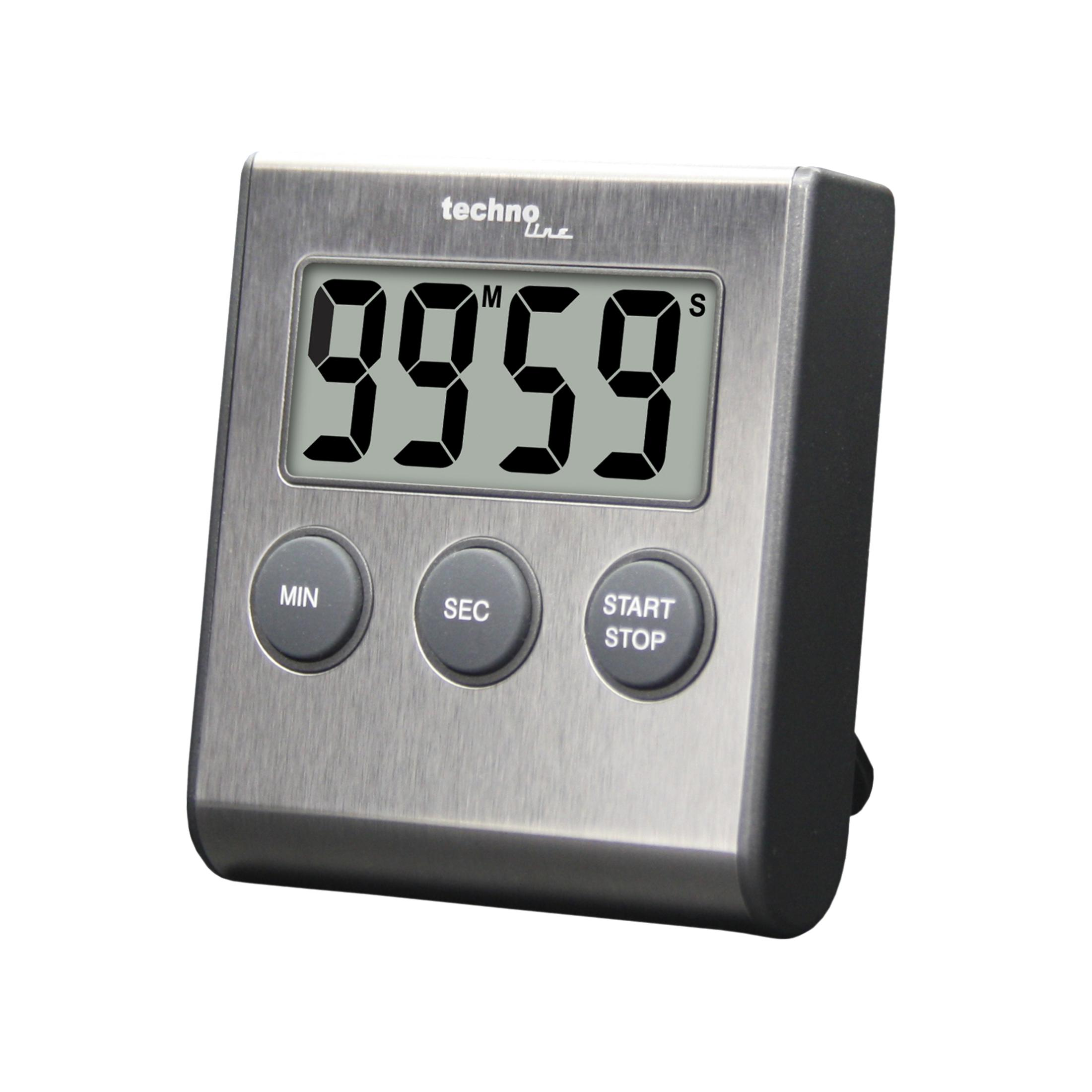Silberner digitaler Küchentimer. Großes Display mit 99:59. Drei graue Knöpfe.
