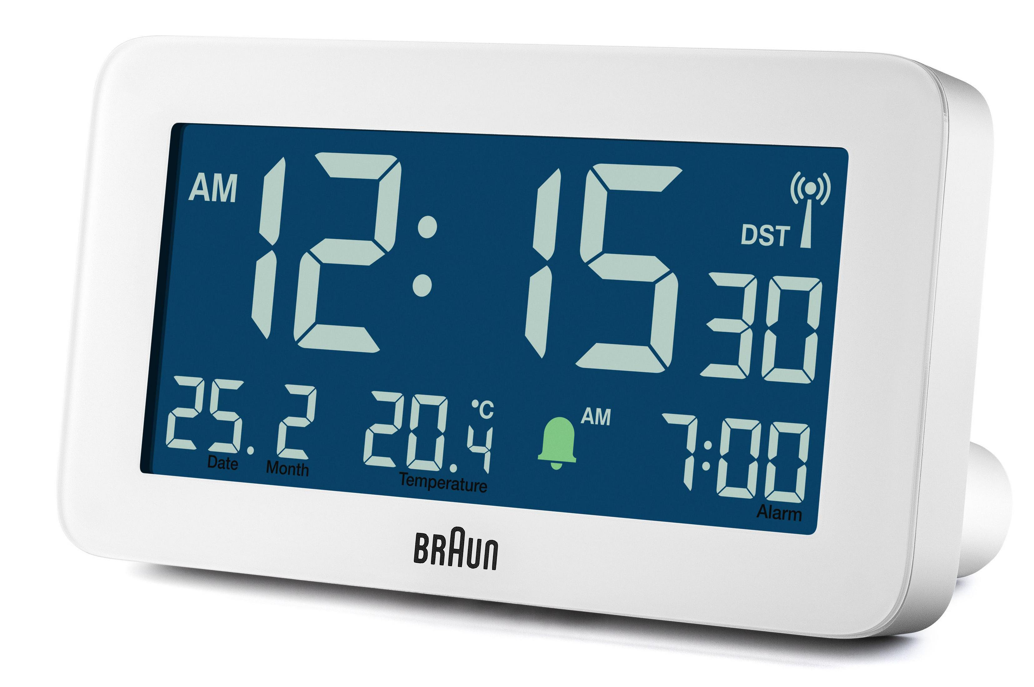 Wecker mit blauem Digitaldisplay, das Zeit, Datum, Temperatur und Alarm anzeigt.