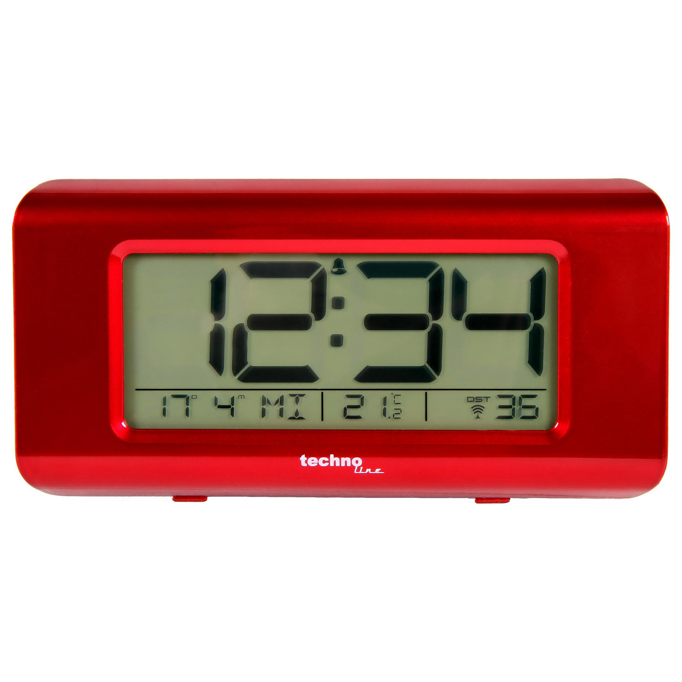 Réveil numérique rouge affichant 12:34, avec la date affichée.