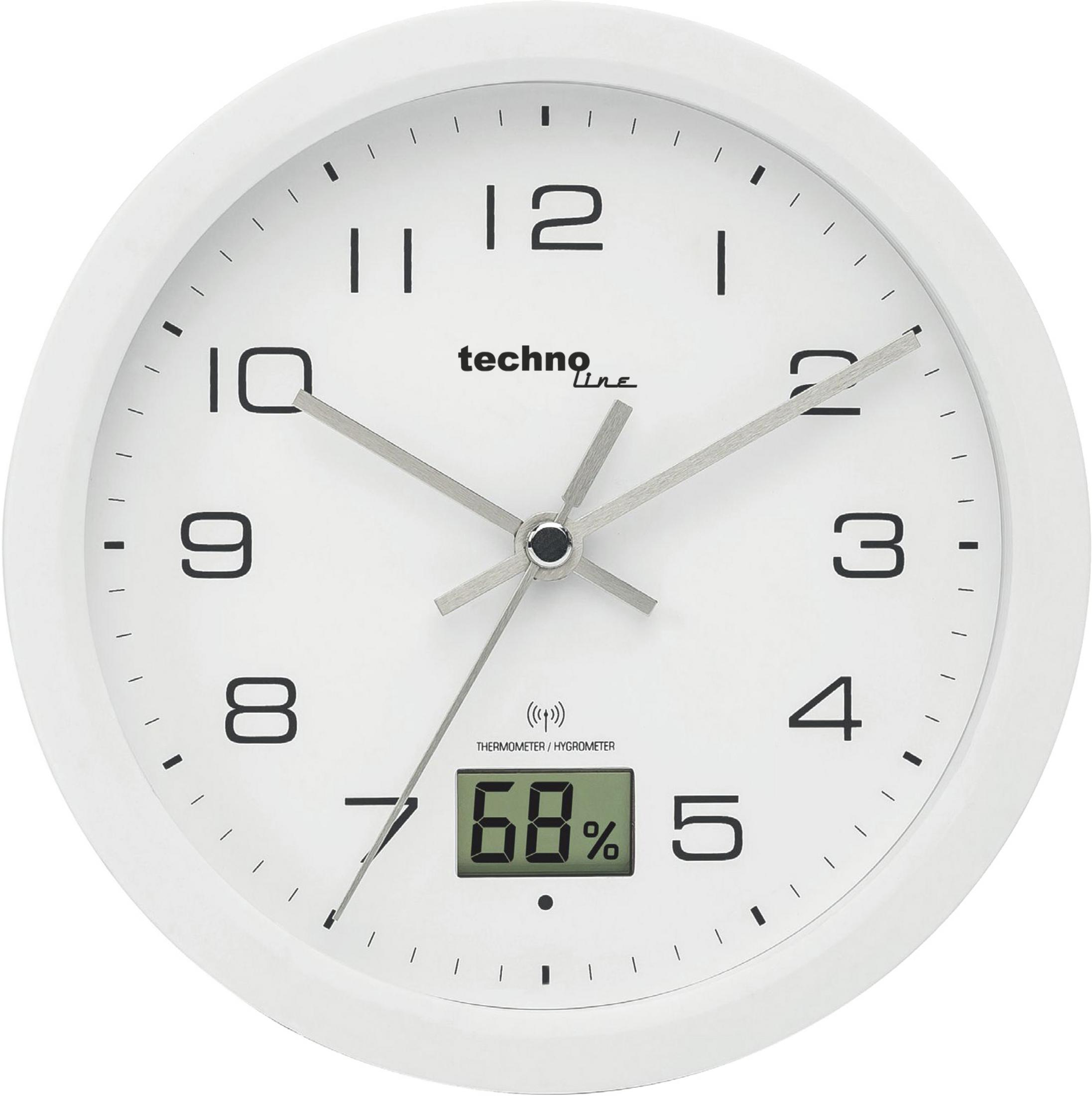 Weiße runde Uhr mit digitaler Anzeige der Luftfeuchtigkeit auf weißem Grund.