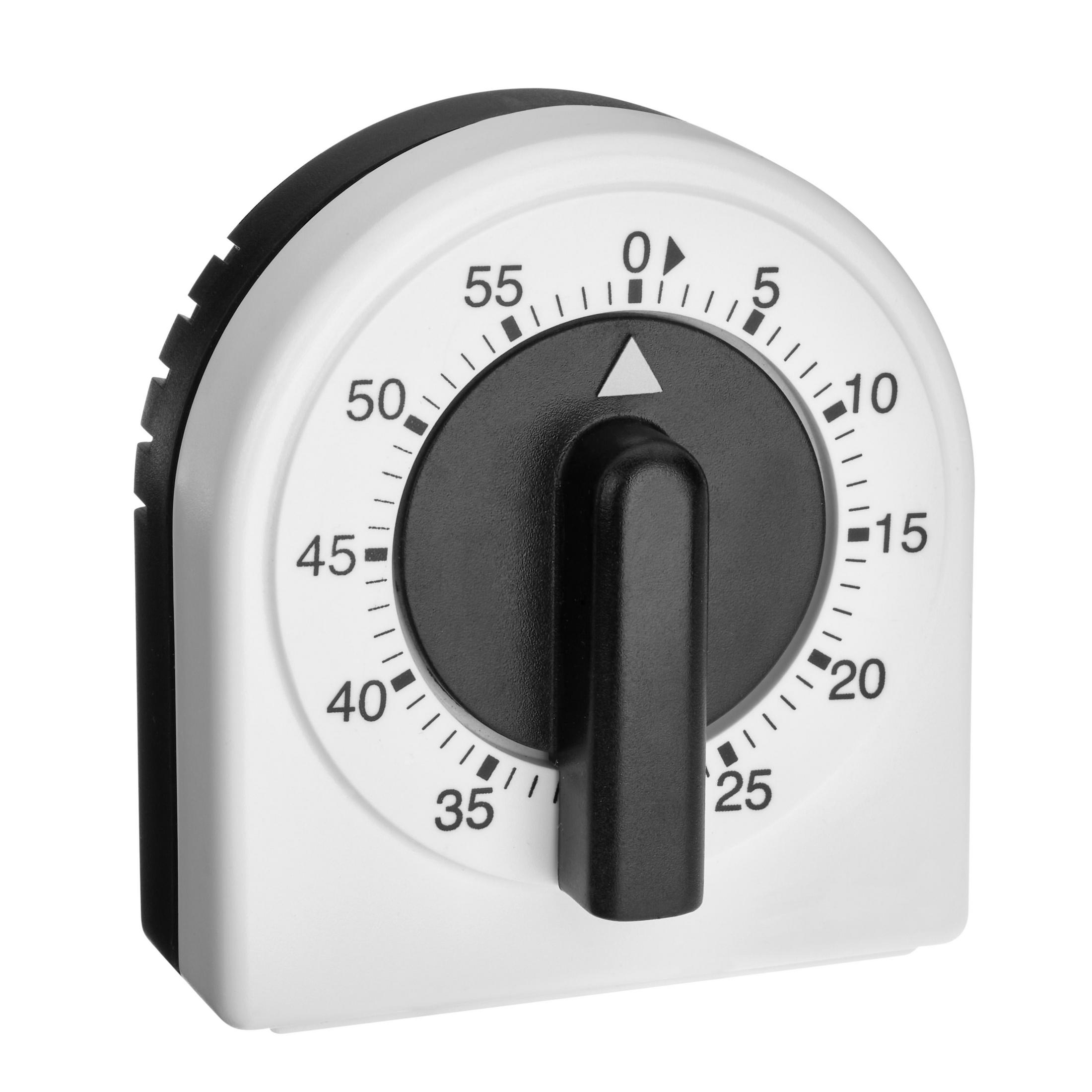 Ein weißer Timer mit schwarzem Zifferblatt und Griff, der Zeiteinteilungen anzeigt.