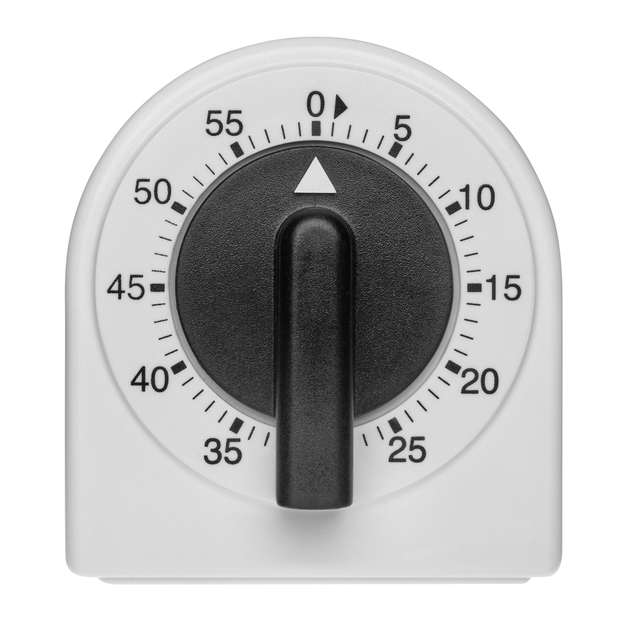 Weißer Küchentimer mit schwarzem Zifferblatt und Griff.