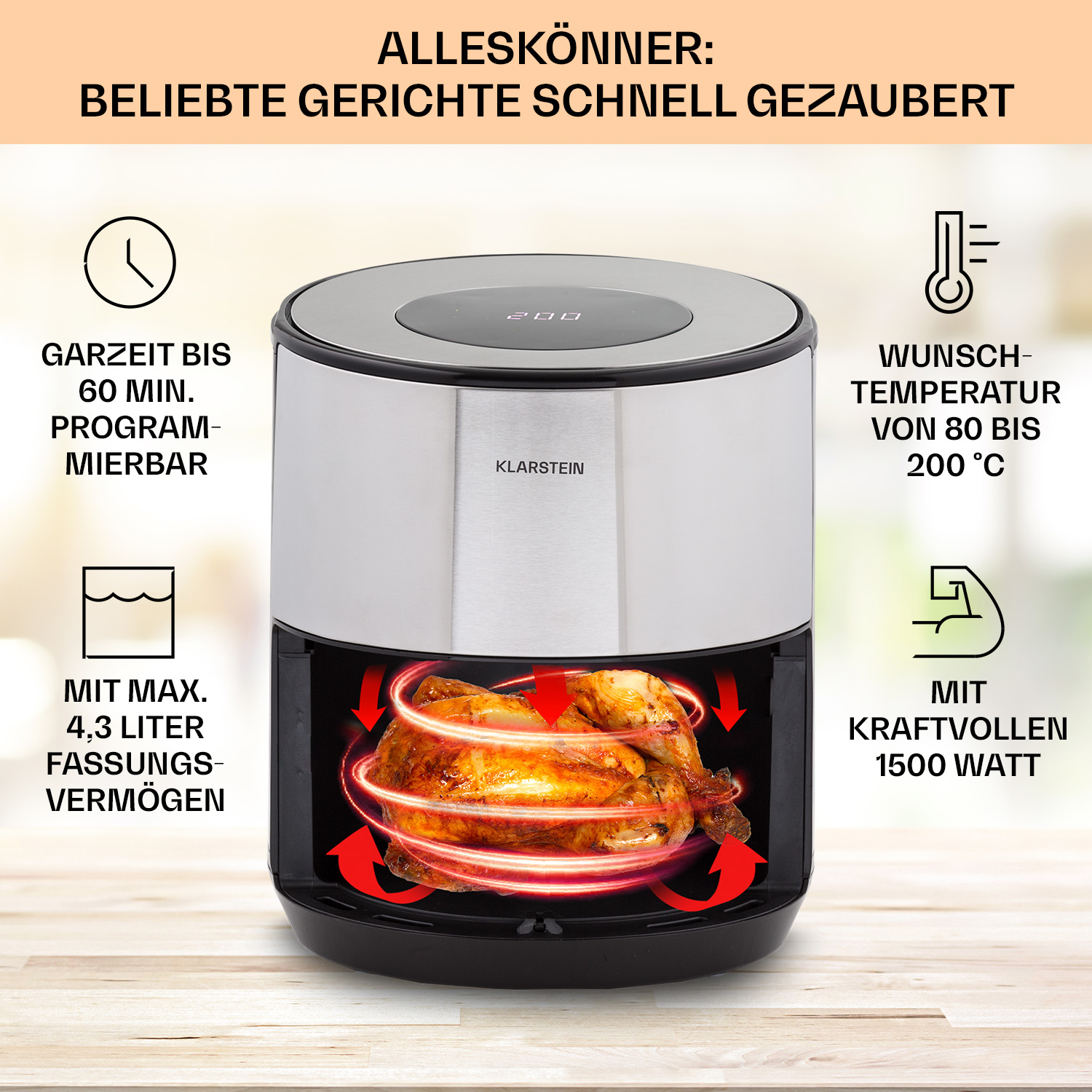 KLARSTEIN 10041145 friggitrice Singolo 4,3 L Indipendente 1500 W Friggitrice ad aria calda Metallico, Argento FRIGGITRICE AD ARIA, capacità 4,3 l, Max potenza 1500 W, 8 programmi, da 80 °C a 200 °C, Metallico, Argento
