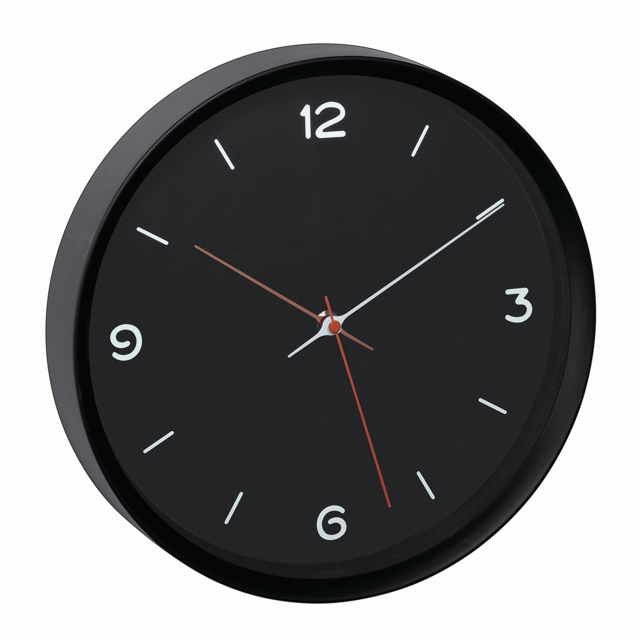Schwarze Wanduhr mit weißen Zahlen 12, 3, 6, 9 und weißen Strichen. Roter Sekundenzeiger.