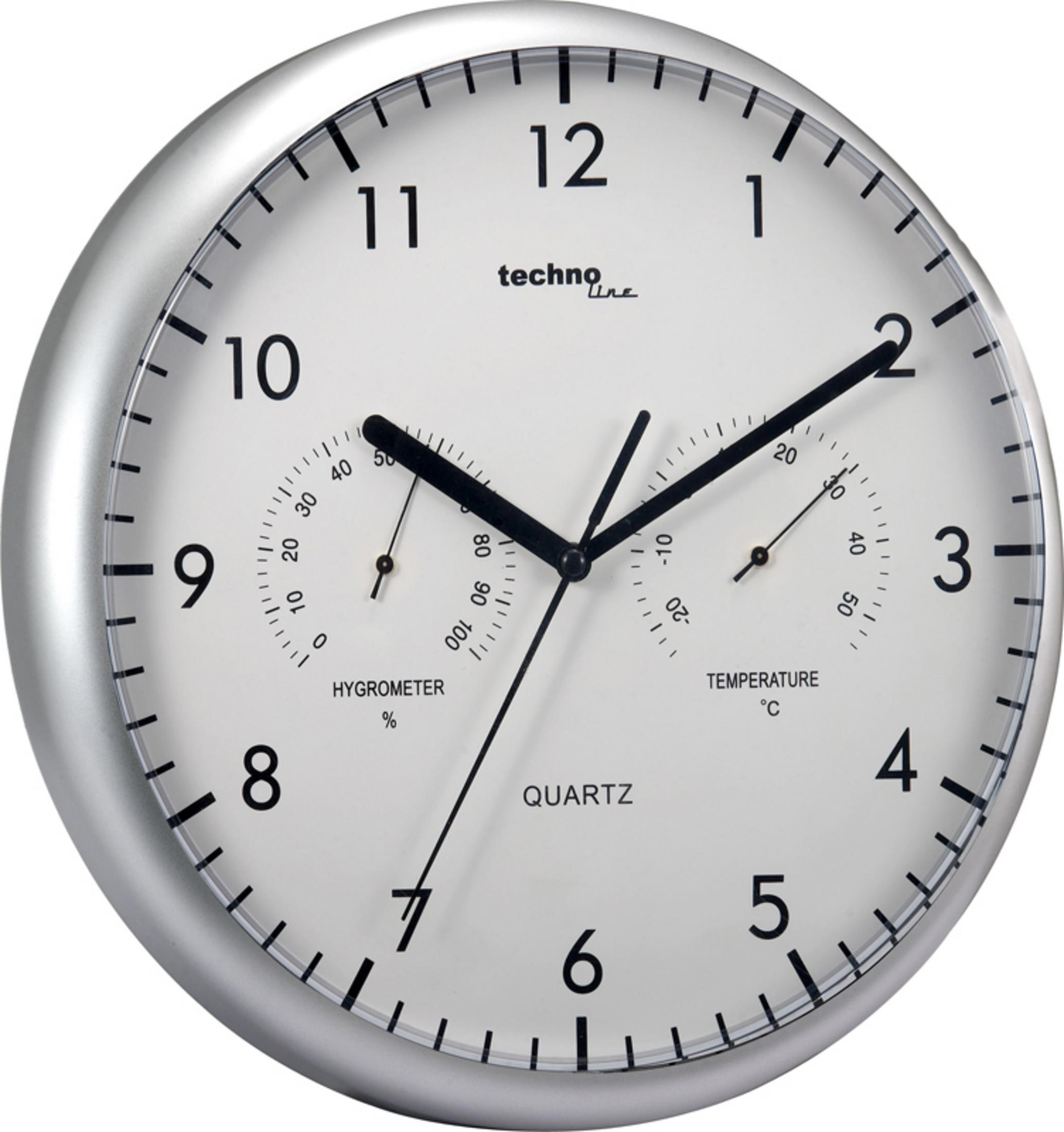 Silberne Wanduhr, zeigt Zeit, Hygrometer und Temperatur an.