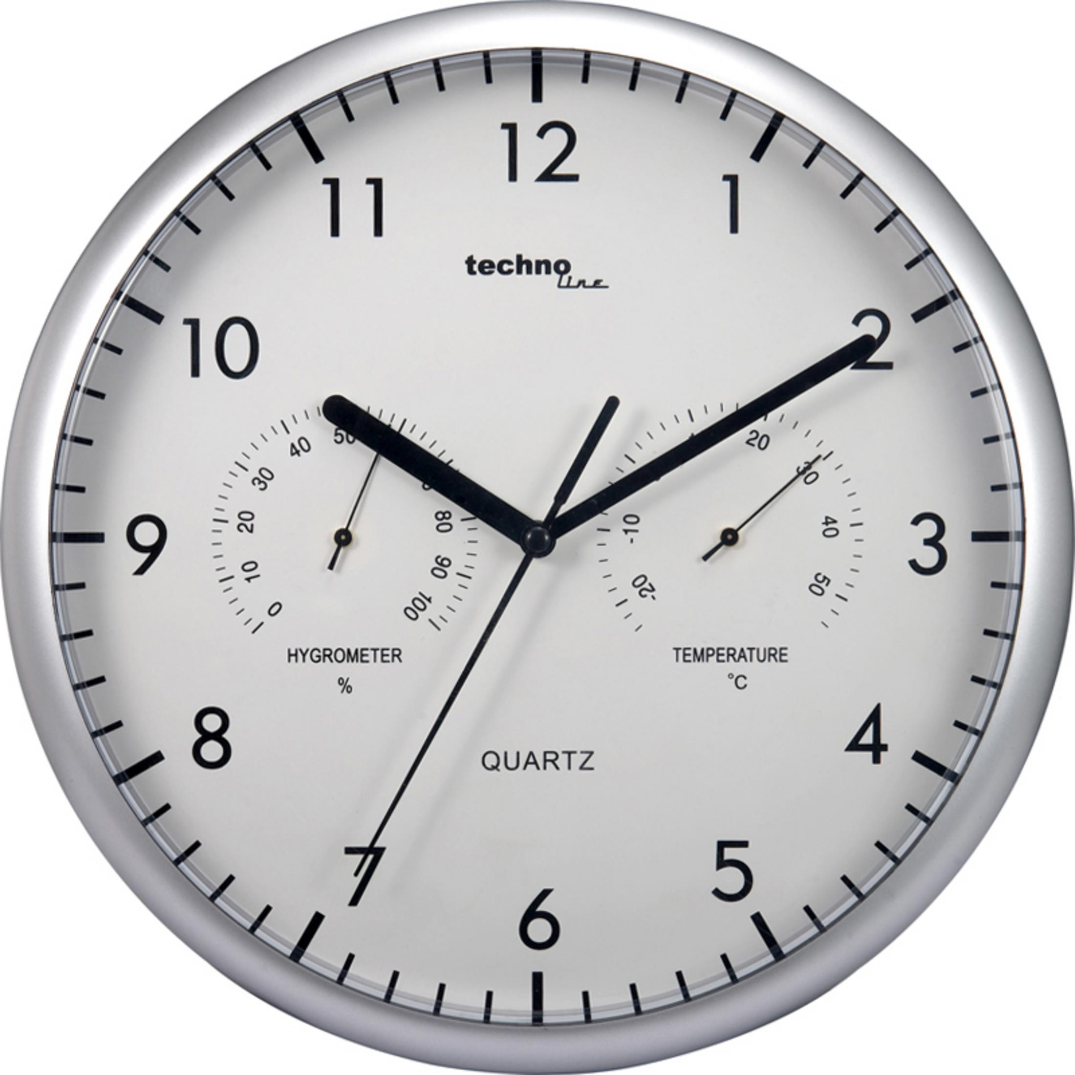 Eine runde Uhr mit weißem Zifferblatt. Sie verfügt über zwei Zifferblätter für Temperatur und Luftfeuchtigkeit sowie schwarze Zeiger.