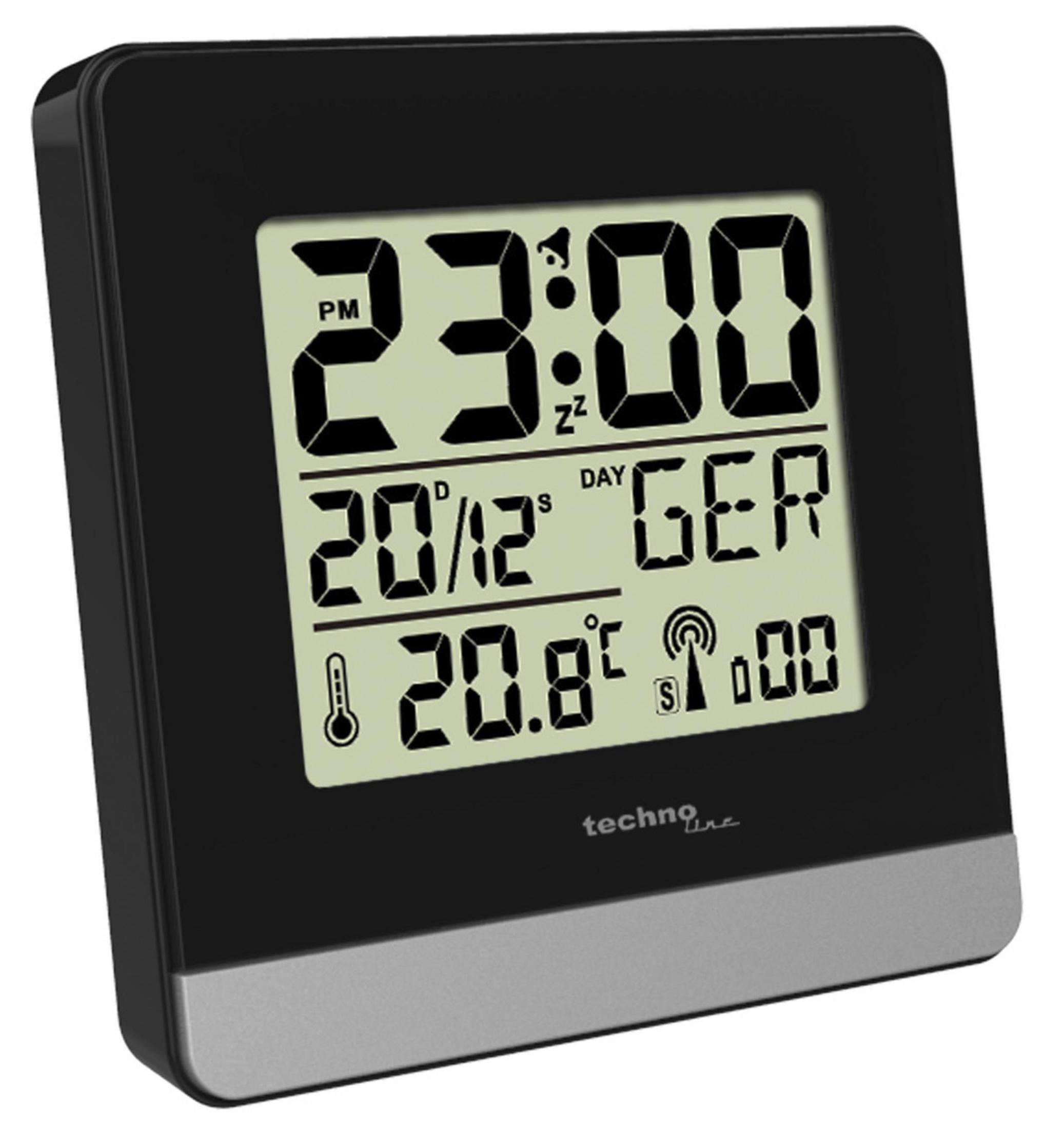 Schwarze Digitaluhr, die Zeit, Datum und Temperatur anzeigt.