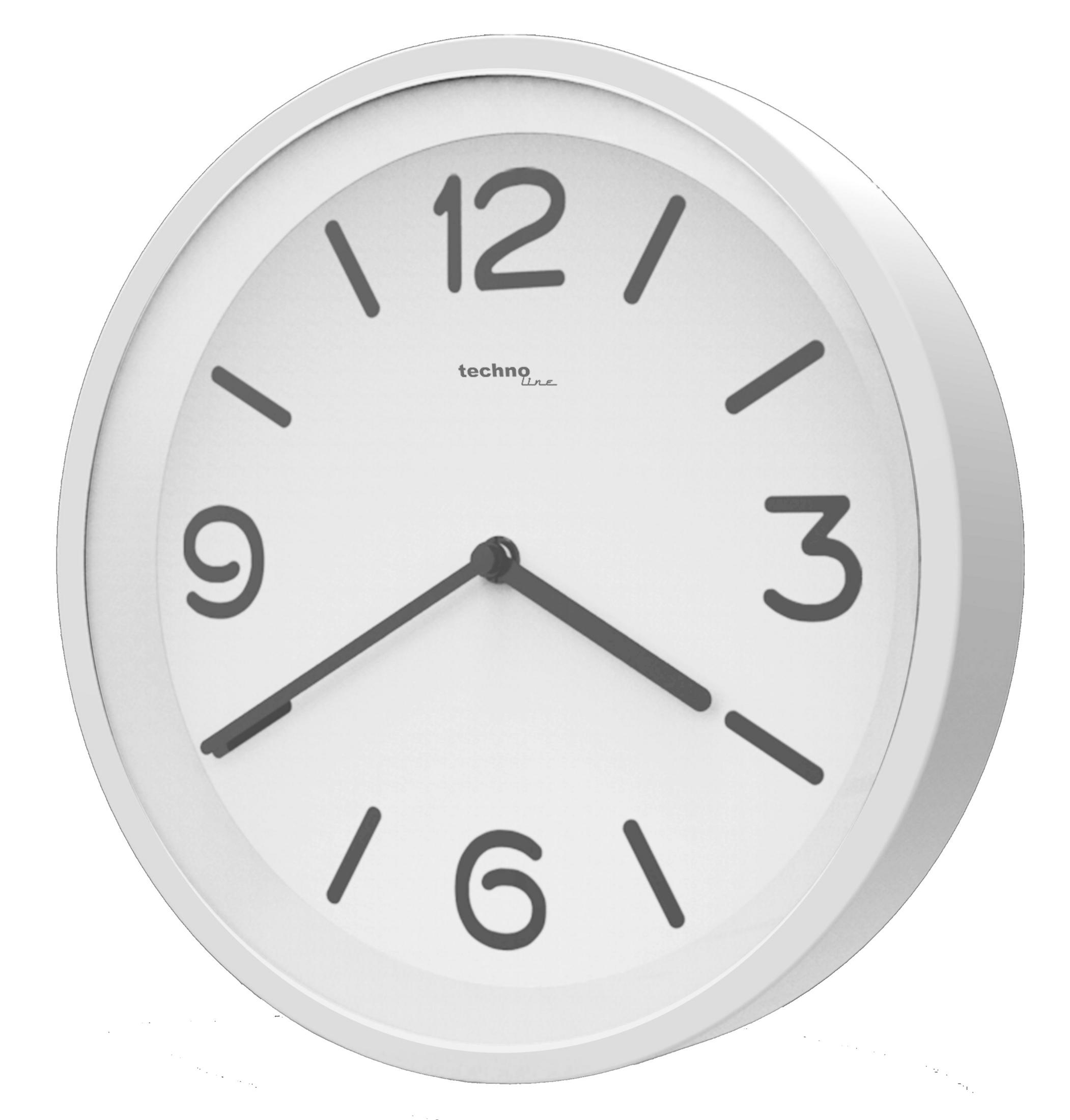 Weiße Wanduhr mit schwarzen Zahlen und Zeigern auf weißem Hintergrund.