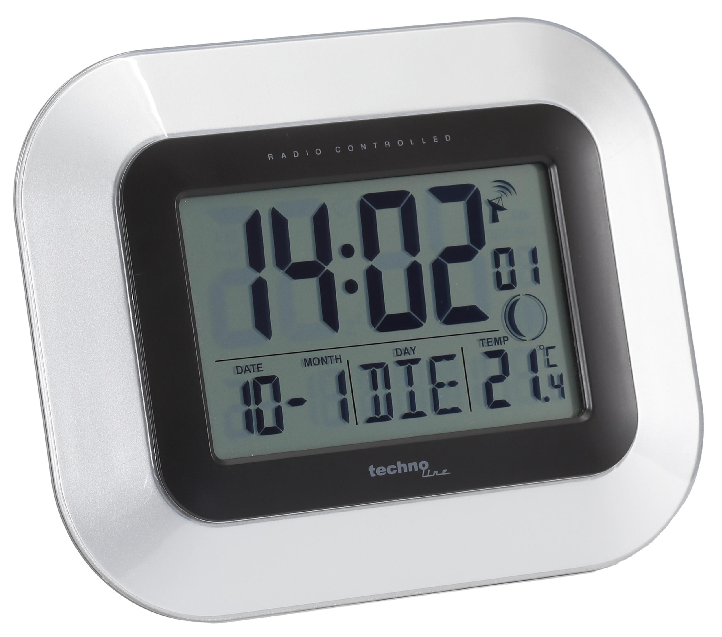 Digitaluhr, silberner Rahmen, schwarzer Hintergrund. Zeigt Zeit, Datum und Temperatur an. Weißer HG.