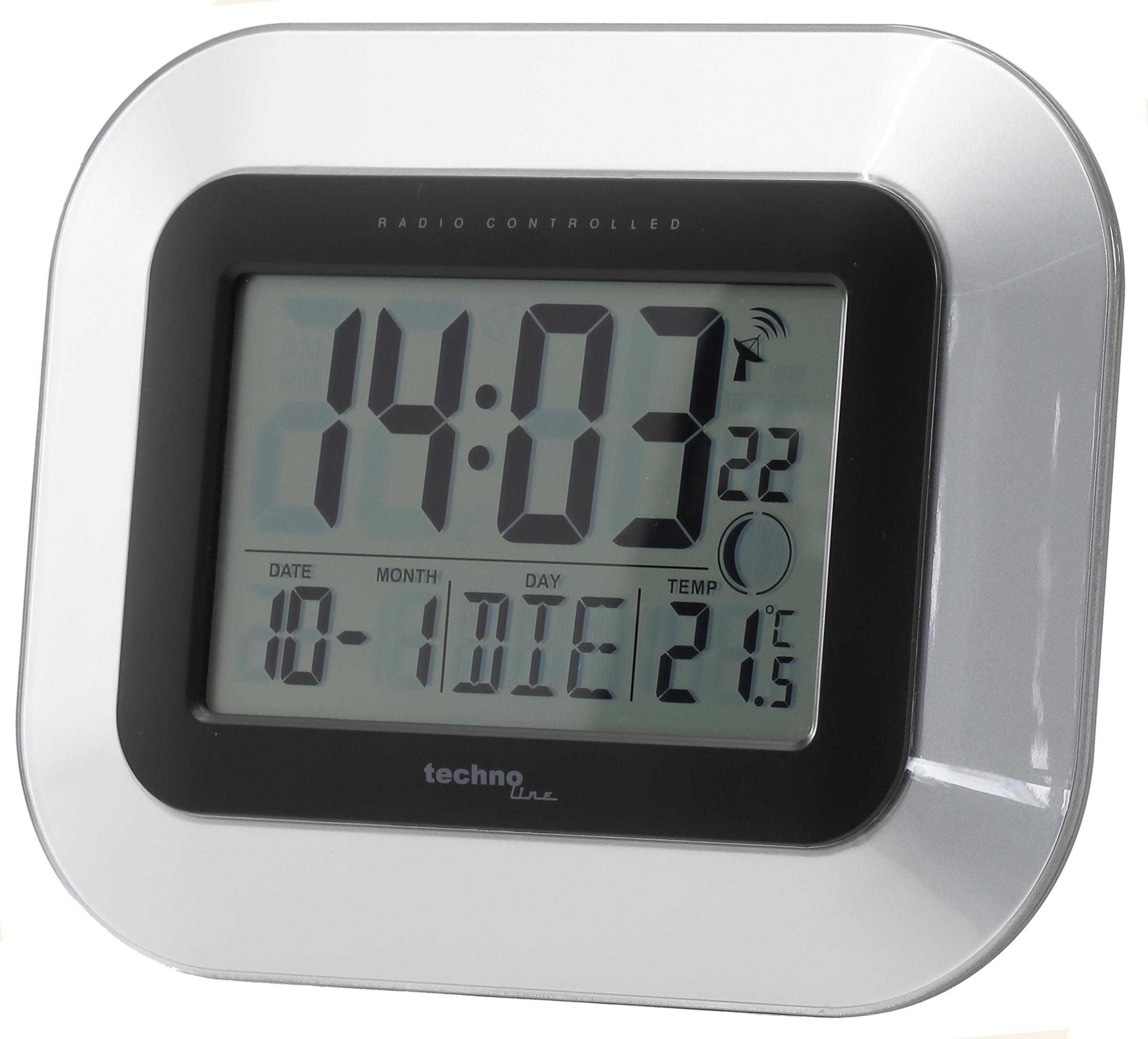Silberne und schwarze Digitaluhr, die Zeit und Datum anzeigt.