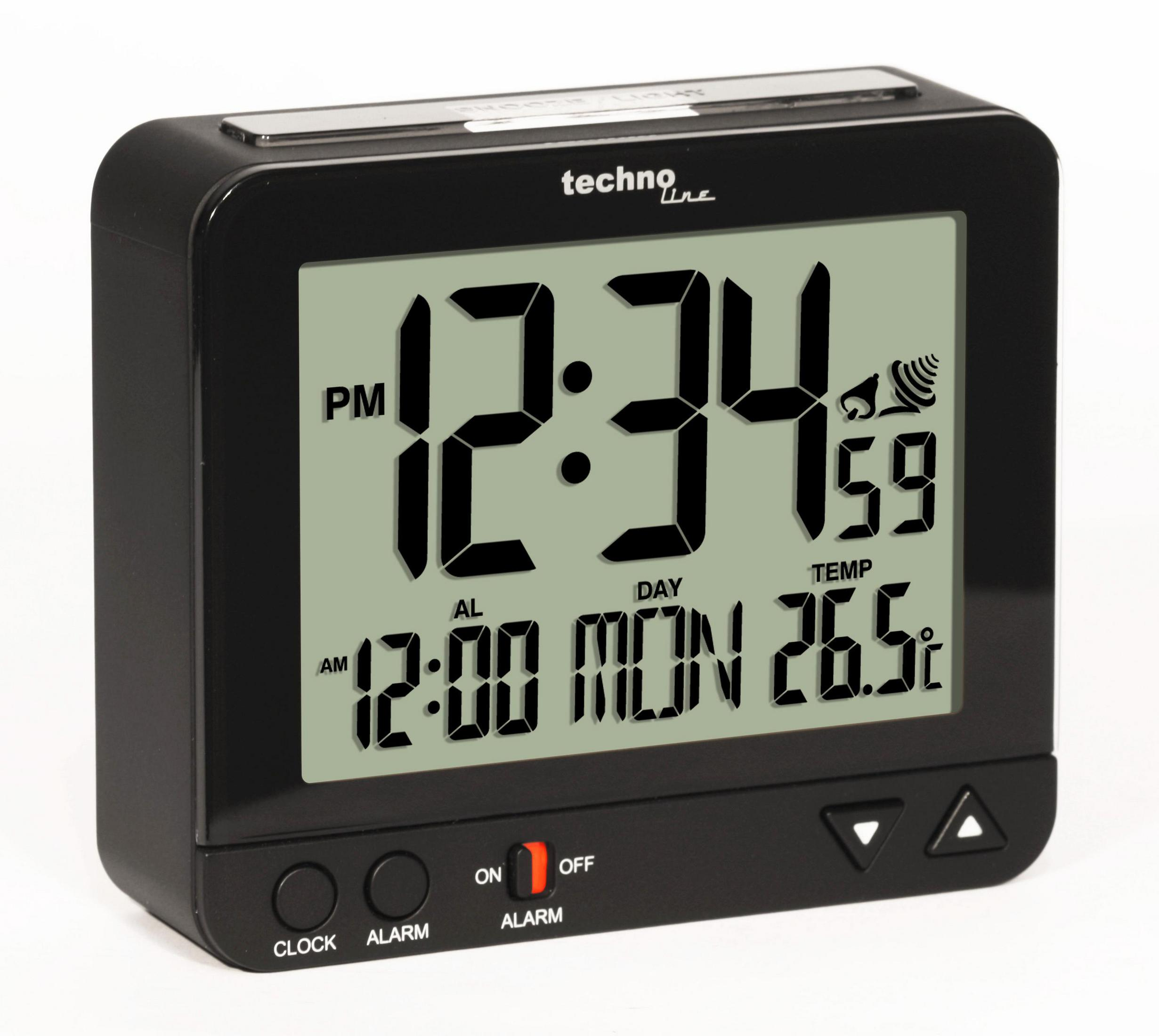 Schwarzer digitaler Wecker mit Anzeige von Zeit, Datum, Temperatur und Steuertasten.