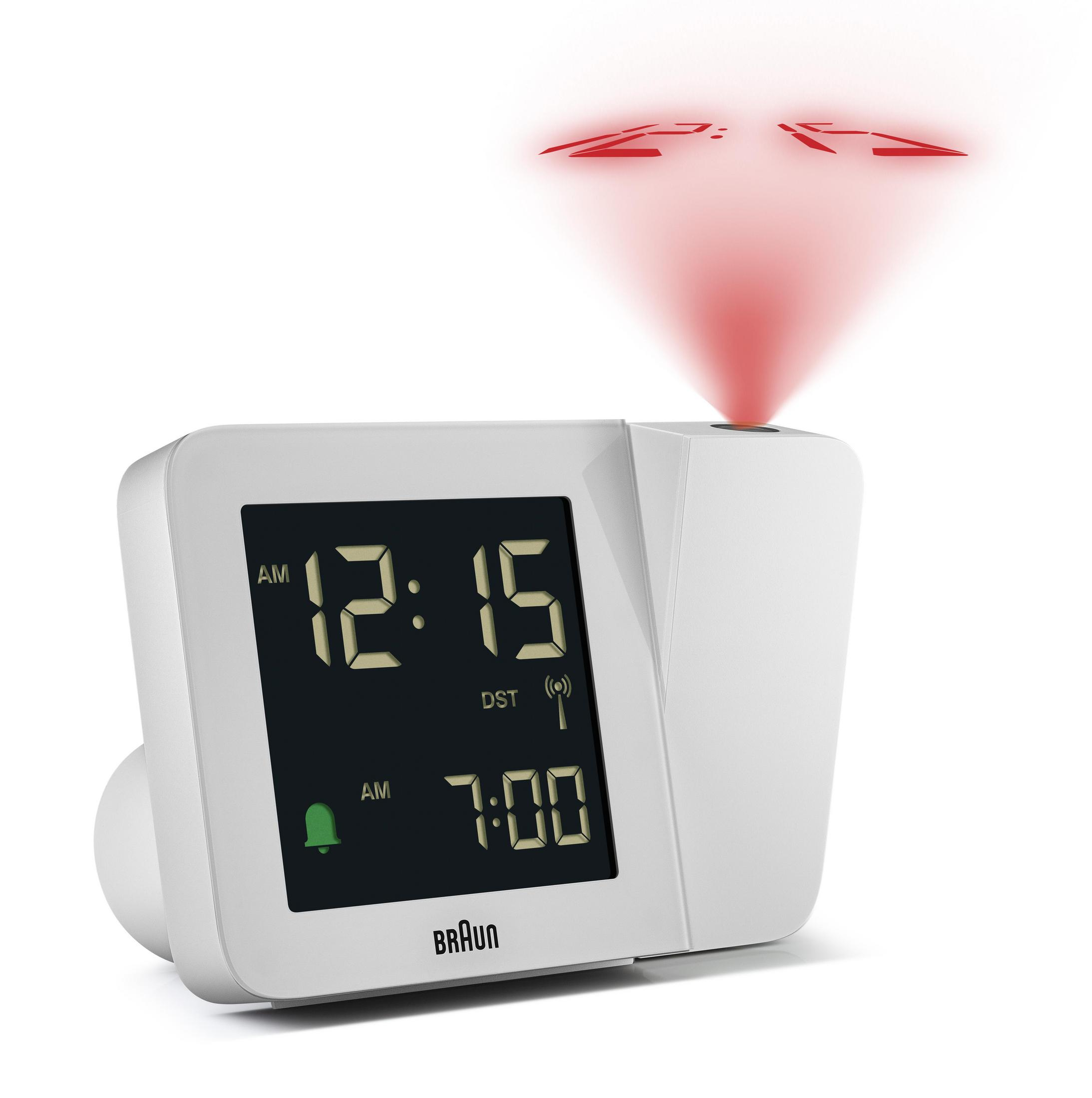 Réveil numérique blanc avec projection de l'heure rouge au plafond.