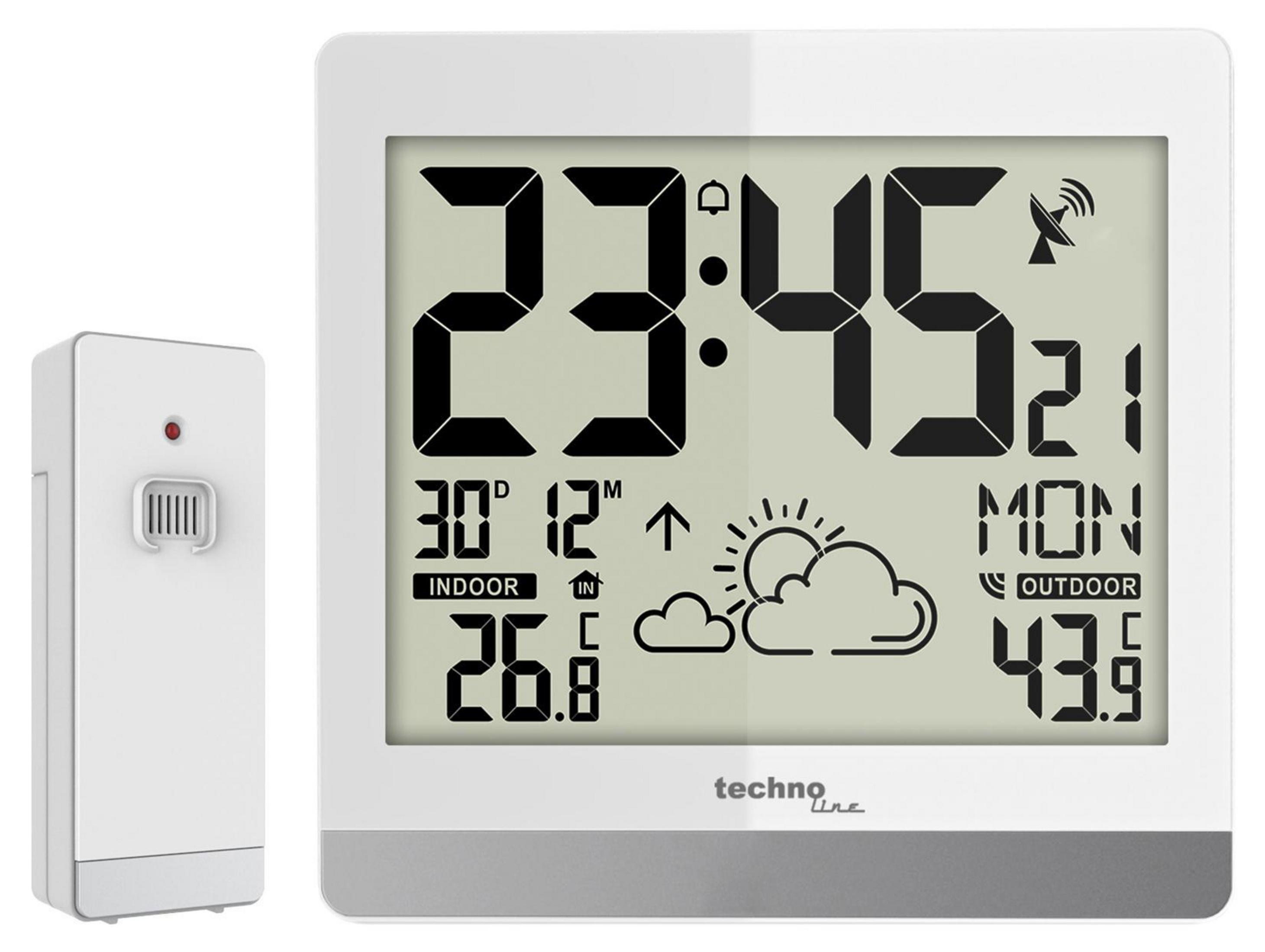 Eine weiße digitale Wetterstation zeigt Zeit, Datum, Innen-/Außentemperaturen und Wettersymbole.