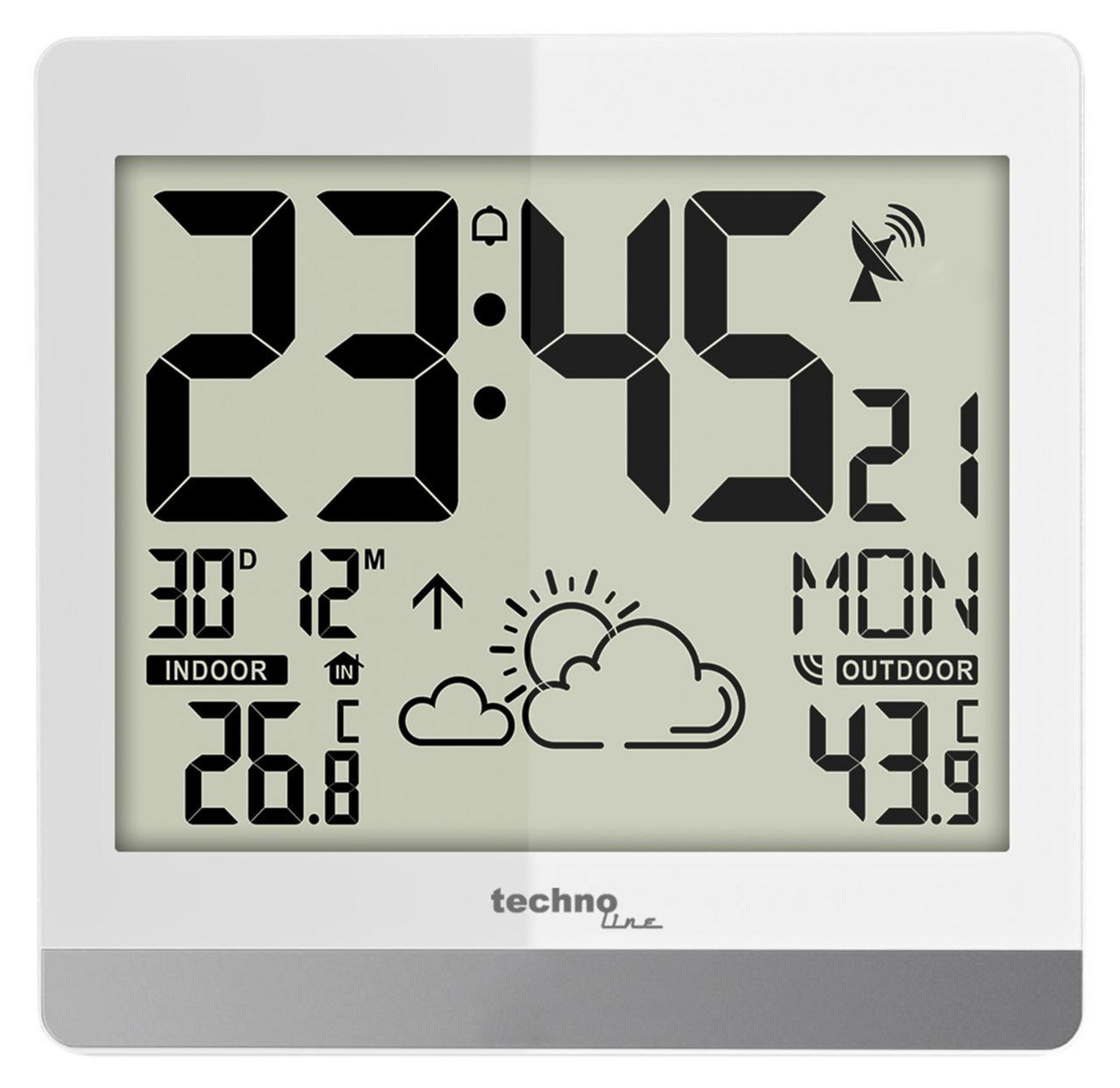 Digitale Wetterstation, die Zeit, Innen- und Außentemperaturen sowie Wettersymbole anzeigt.