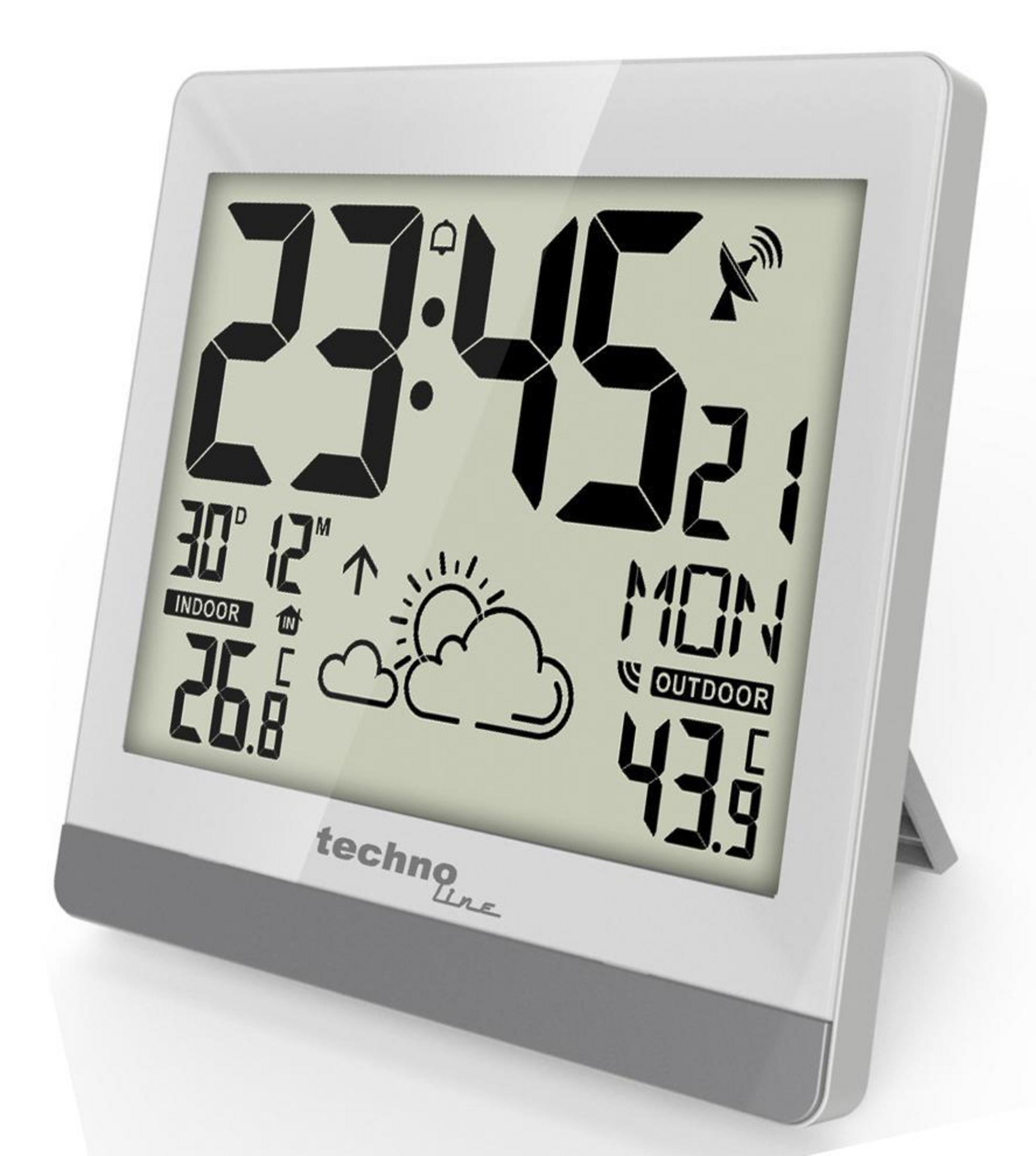 Digitale Wetterstation mit Anzeige von Zeit, Datum, Innen-/Außentemperaturen und Wettersymbolen.