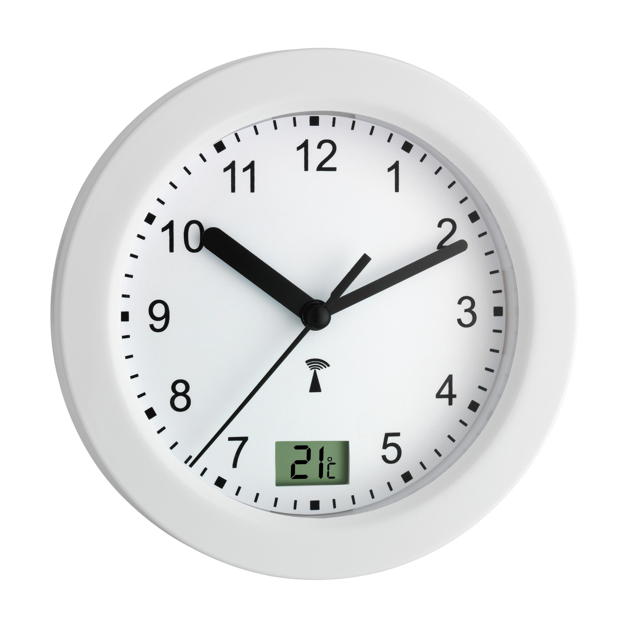 Horloge murale ronde blanche avec aiguilles et chiffres noirs. Affichage numérique affiche 21.