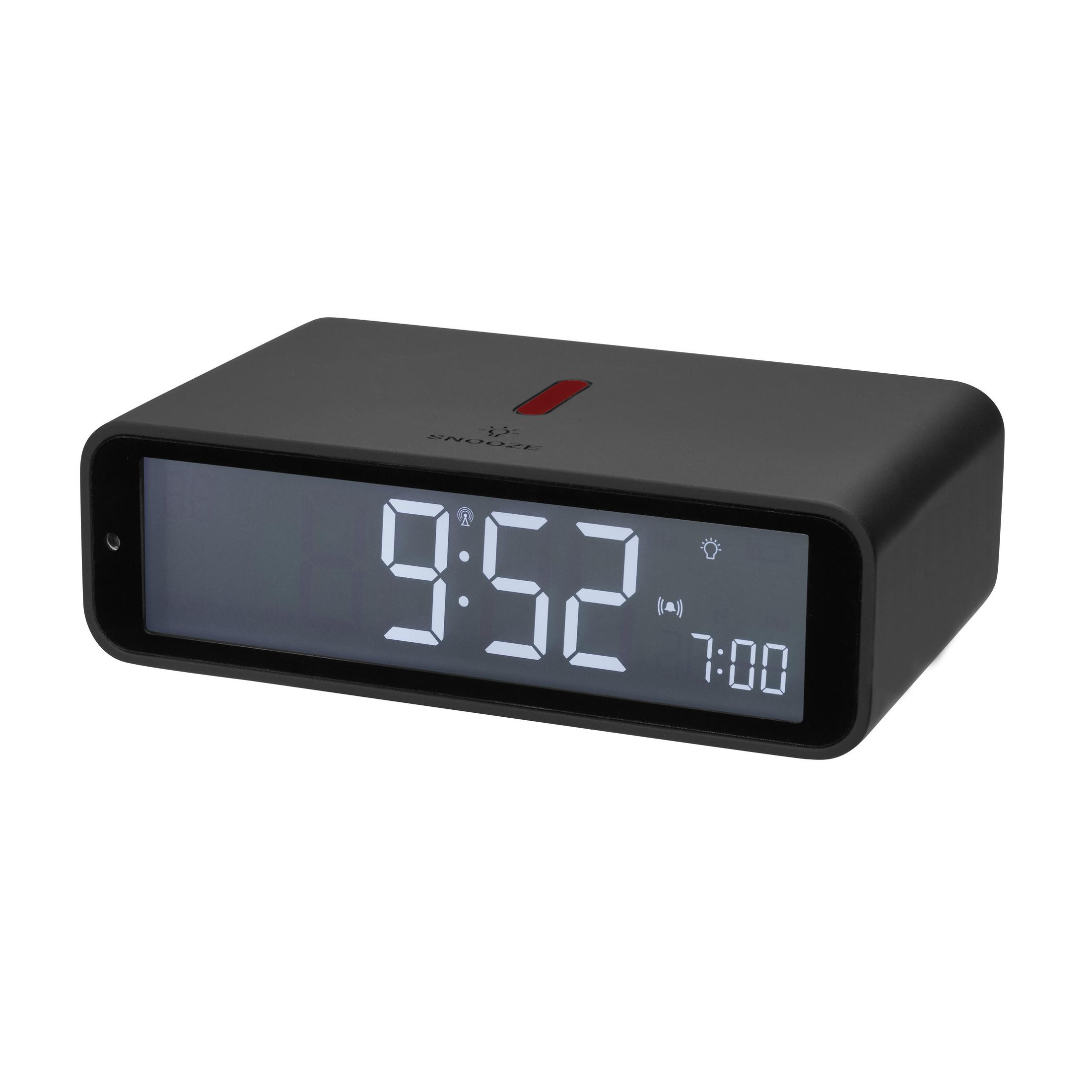 Schwarzer digitaler Wecker mit Anzeige 9:52 und 7:00 mit Schlummertaste.