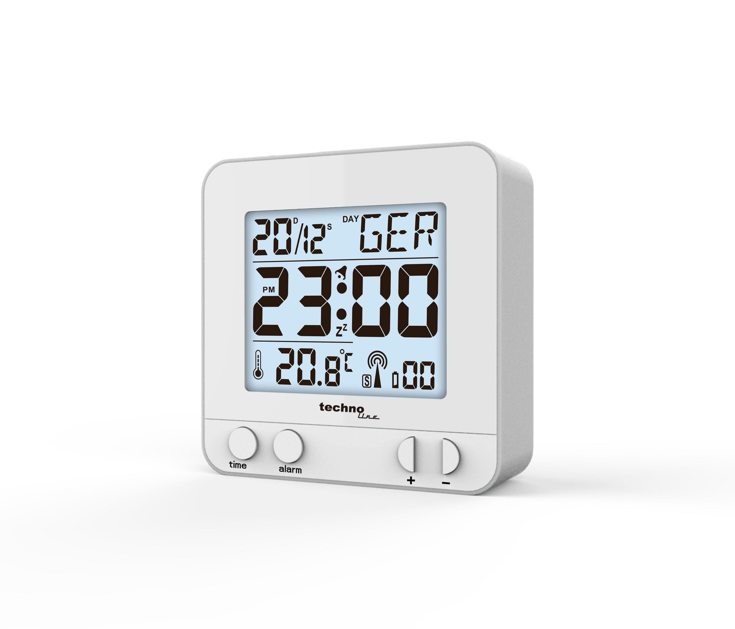 Eine weiße Digitaluhr zeigt Zeit und Datum an. Die Uhr hat Knöpfe und einen Bildschirm.