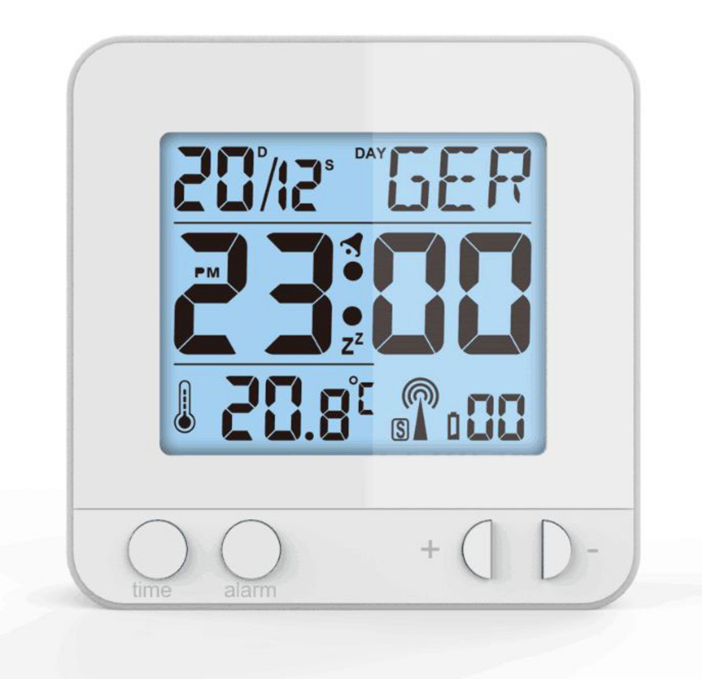 Digitaluhr mit Zeit, Datum und Temperatur. Weißes Gehäuse mit Tasten. Blaues Display.