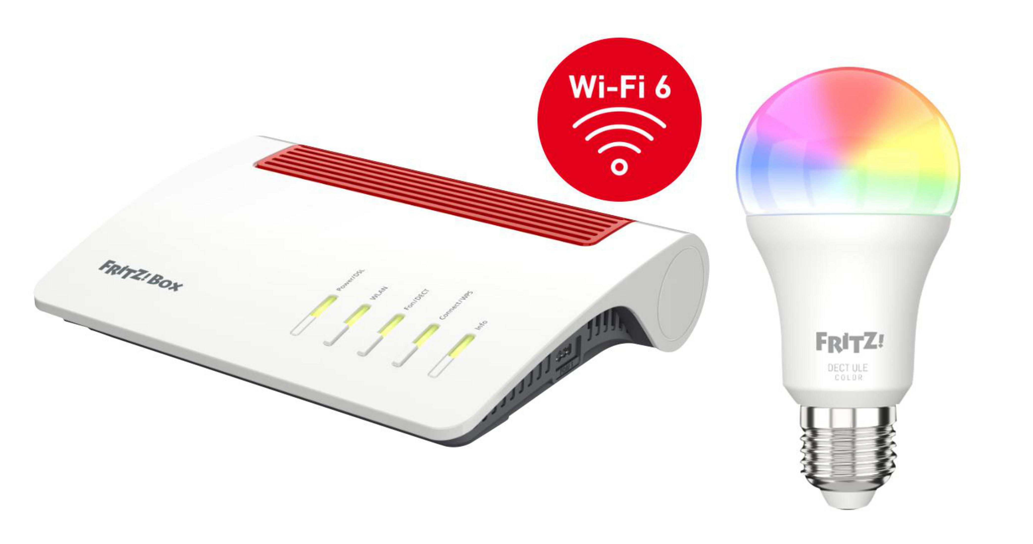 Ein weißer Router und eine farbwechselnde intelligente Glühbirne. Der Router ist von FRITZ!Box.