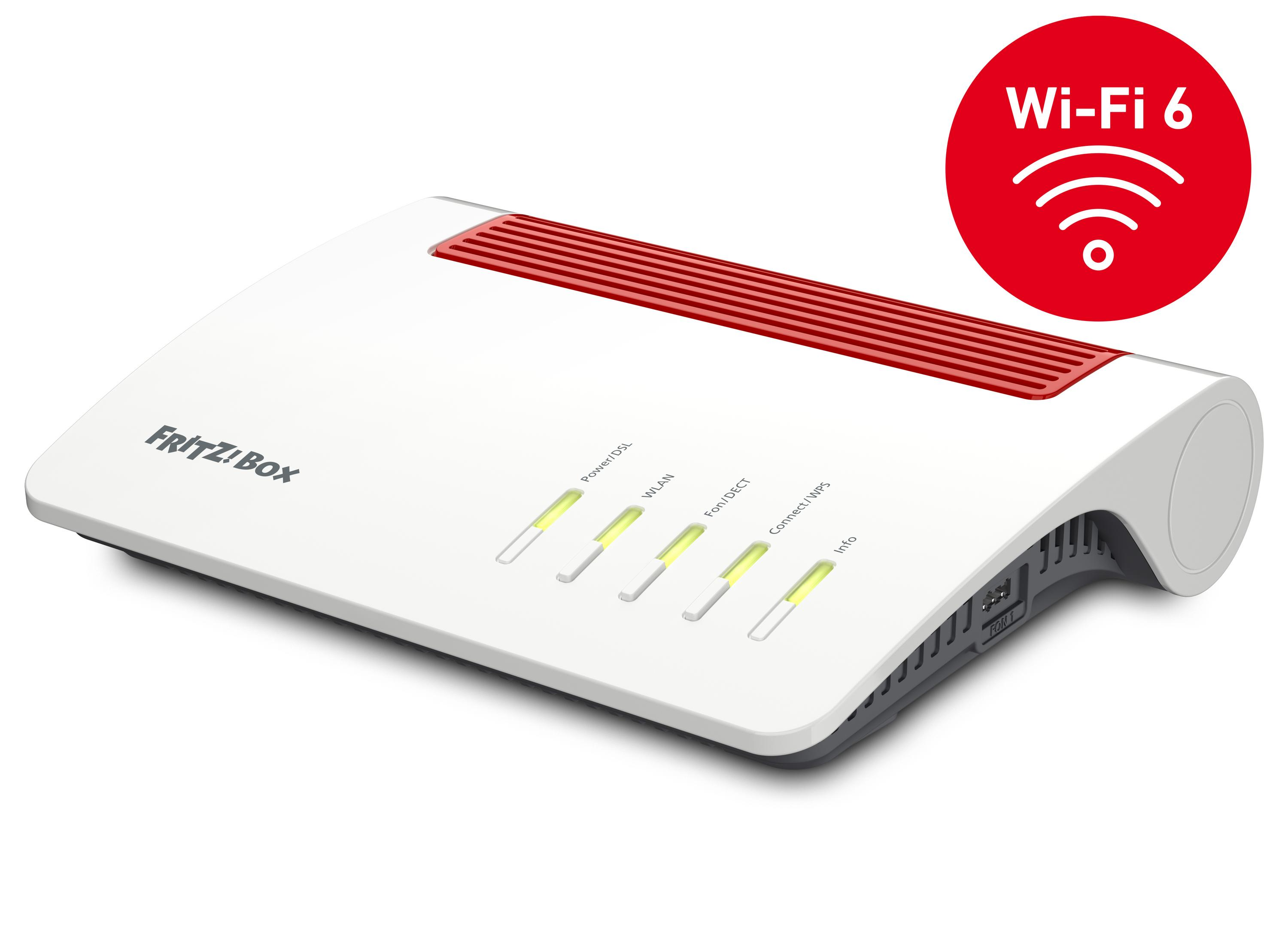 Weiß-roter Router mit Wi-Fi 6 Logo an der Seite. Er hat mehrere Kontrollleuchten.