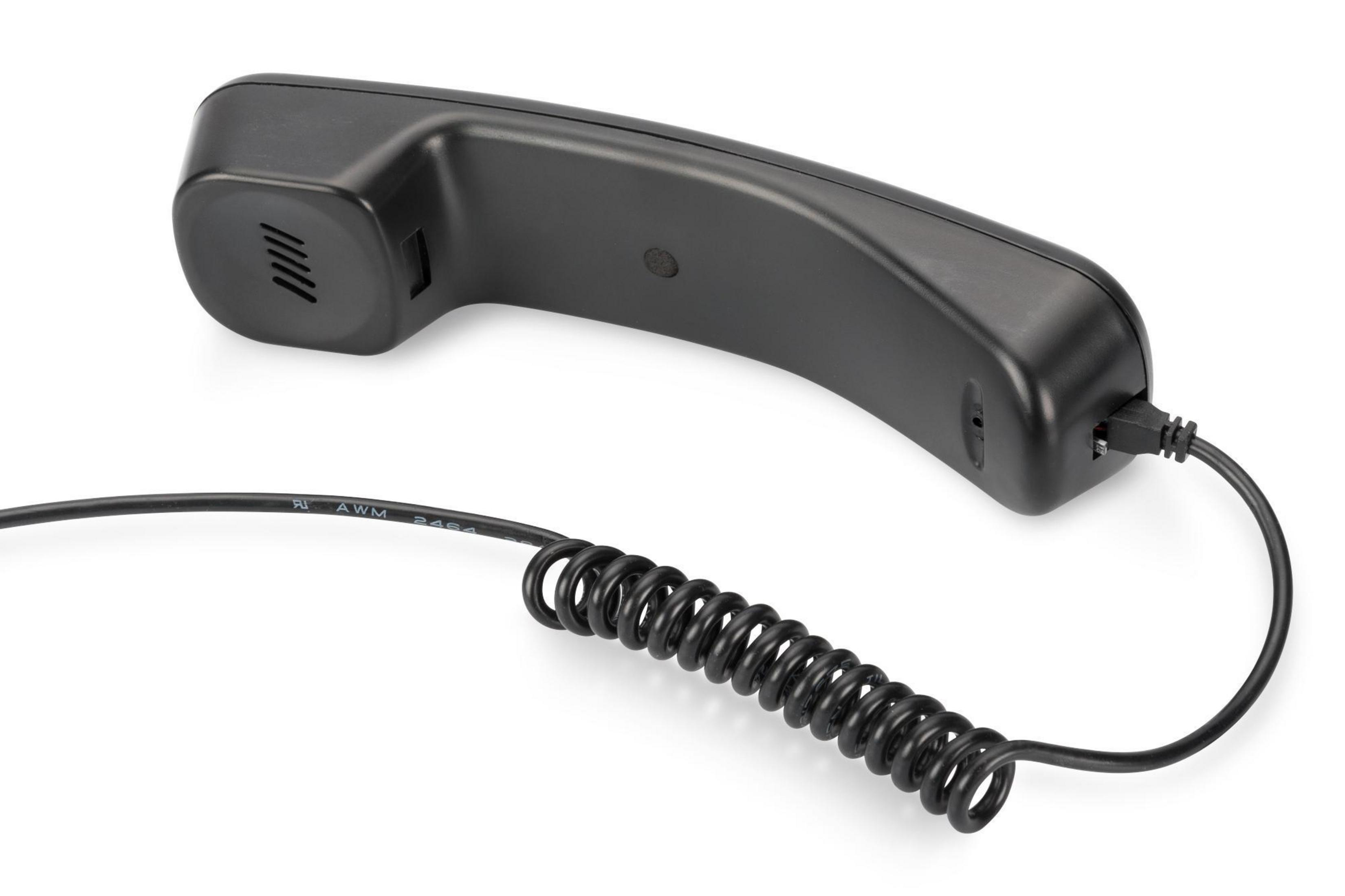 Schwarzer Telefonhörer mit gewelltem Kabel. Isoliert auf weißem Hintergrund.