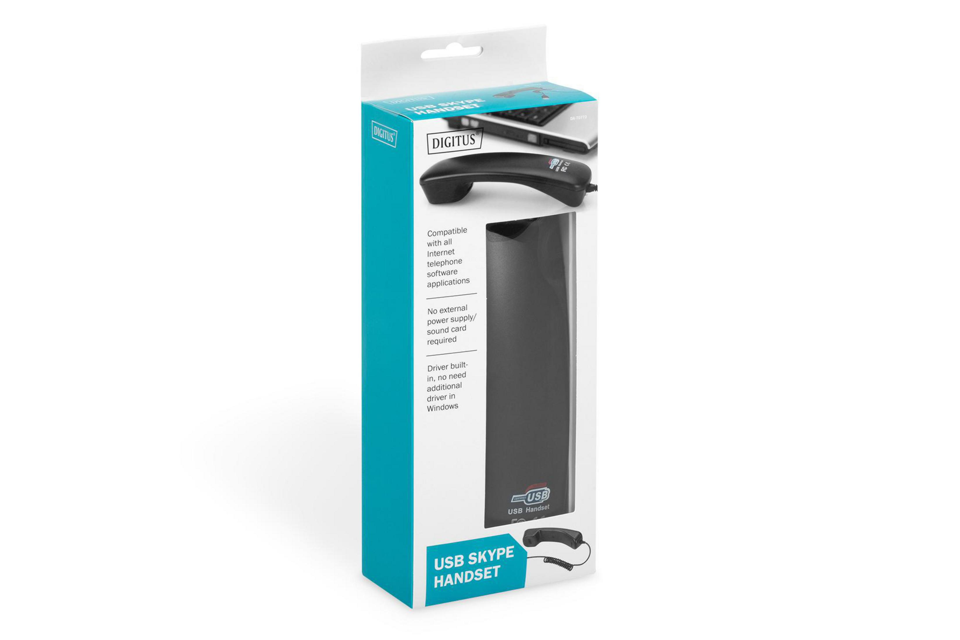 USB Skype Hörer im Karton. Schwarzer Hörer, weißer Karton. Text auf der Box.