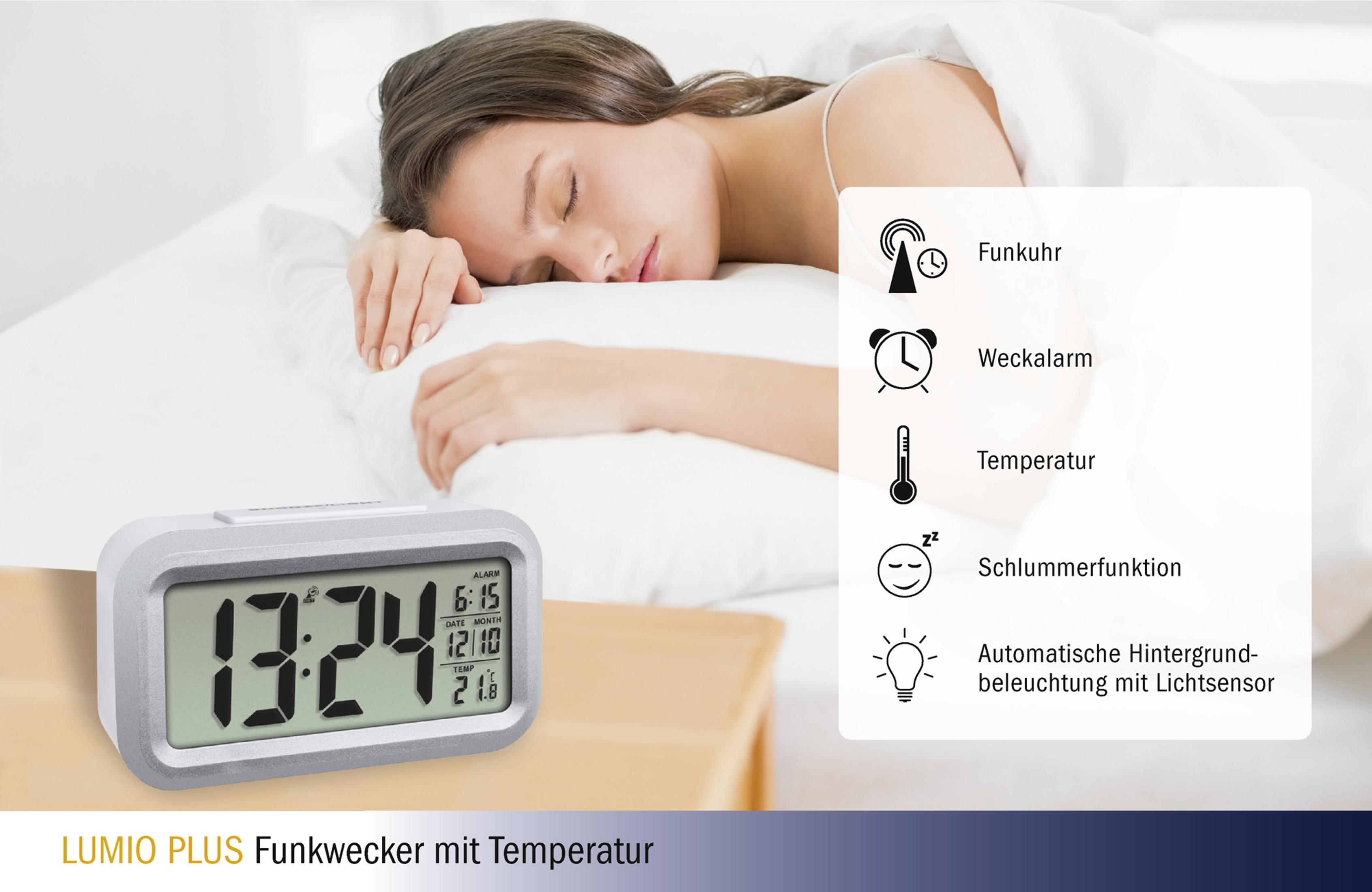 Schlafende Frau im Bett, Wecker zeigt Zeit an und Symbole für Funktionen.