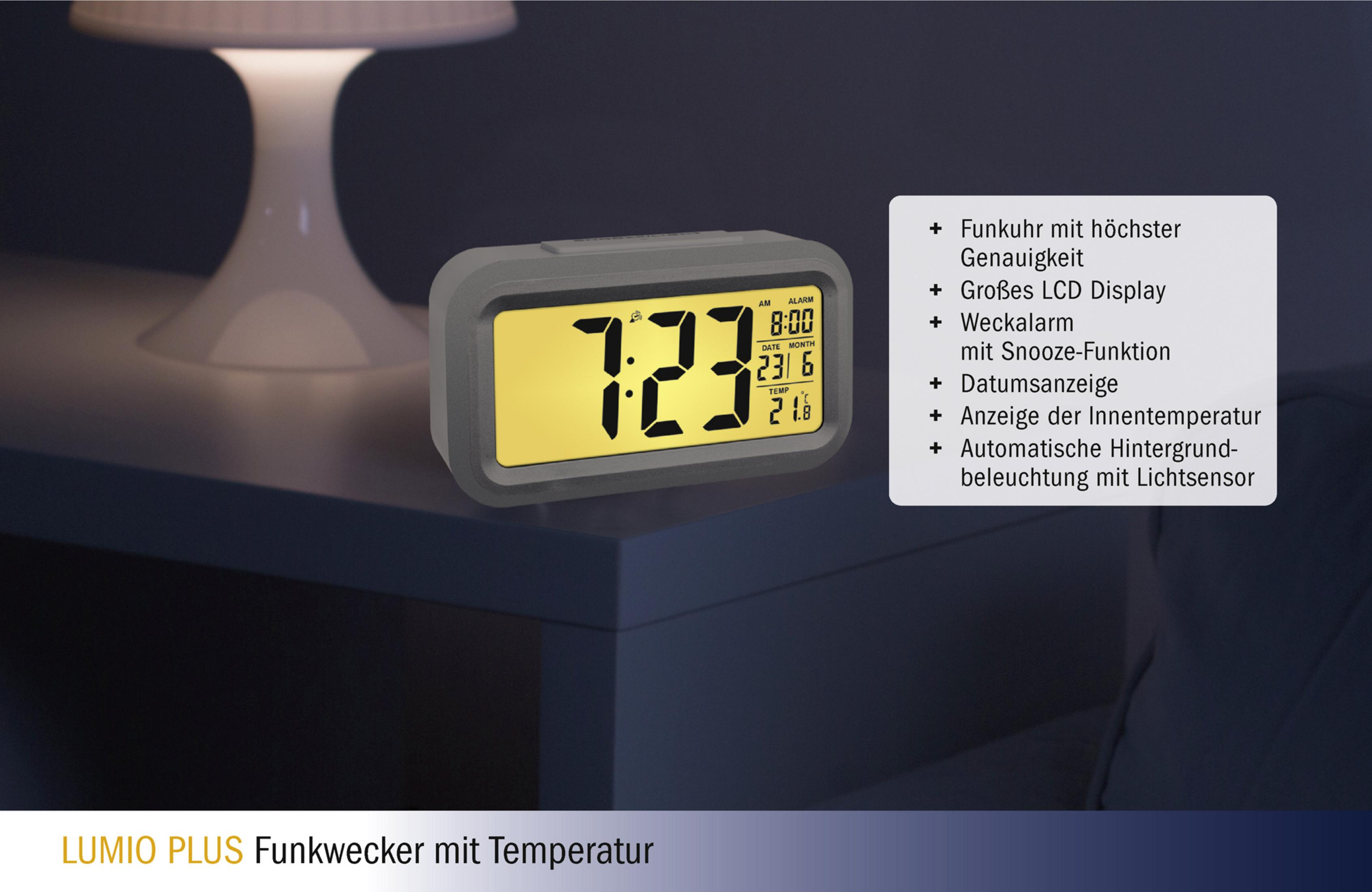 Digitaler Wecker mit gelber Anzeige und einer Liste von Funktionen.