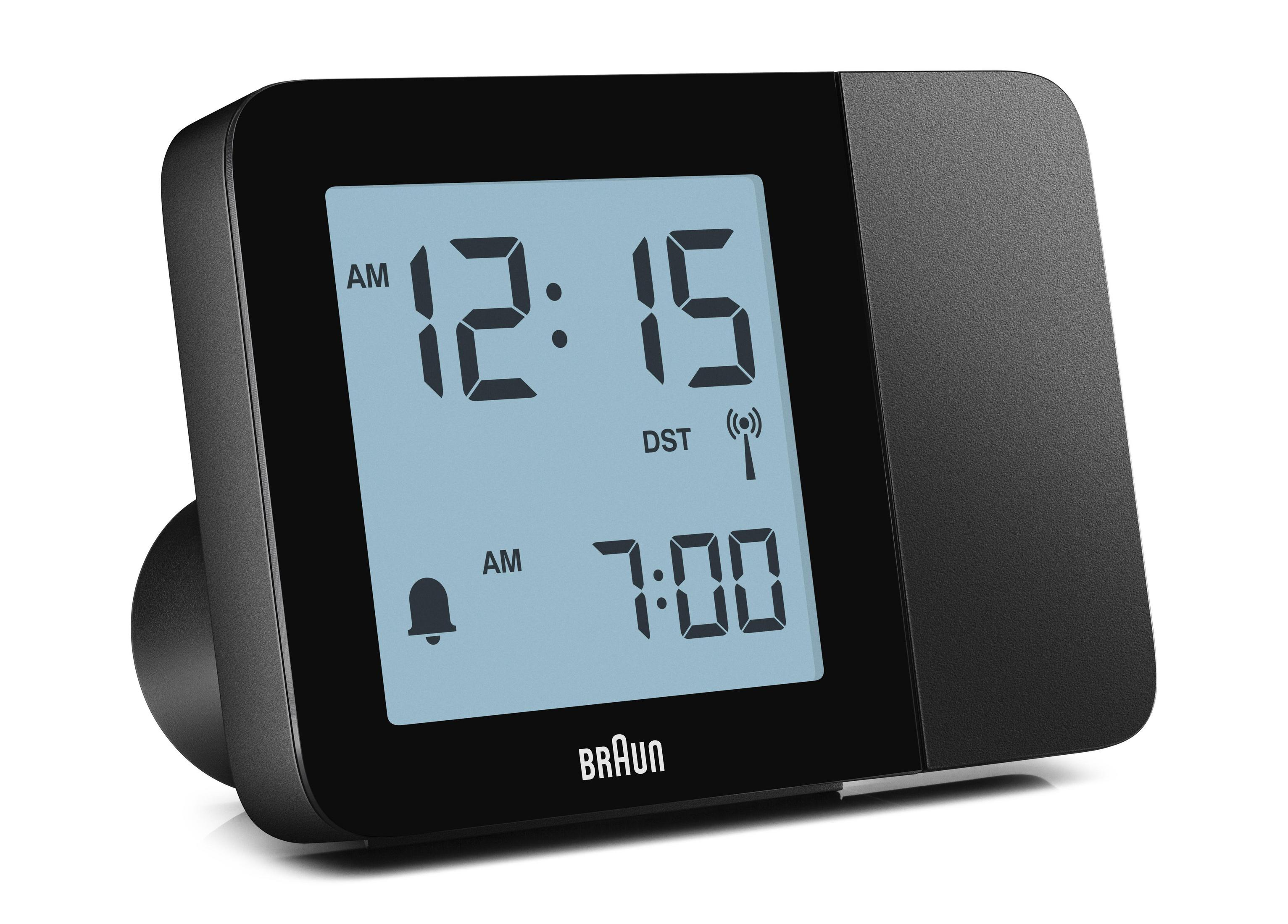 Schwarze Digitaluhr mit 12:15 Uhr und 7:00 Uhr, mit Braun-Logo.