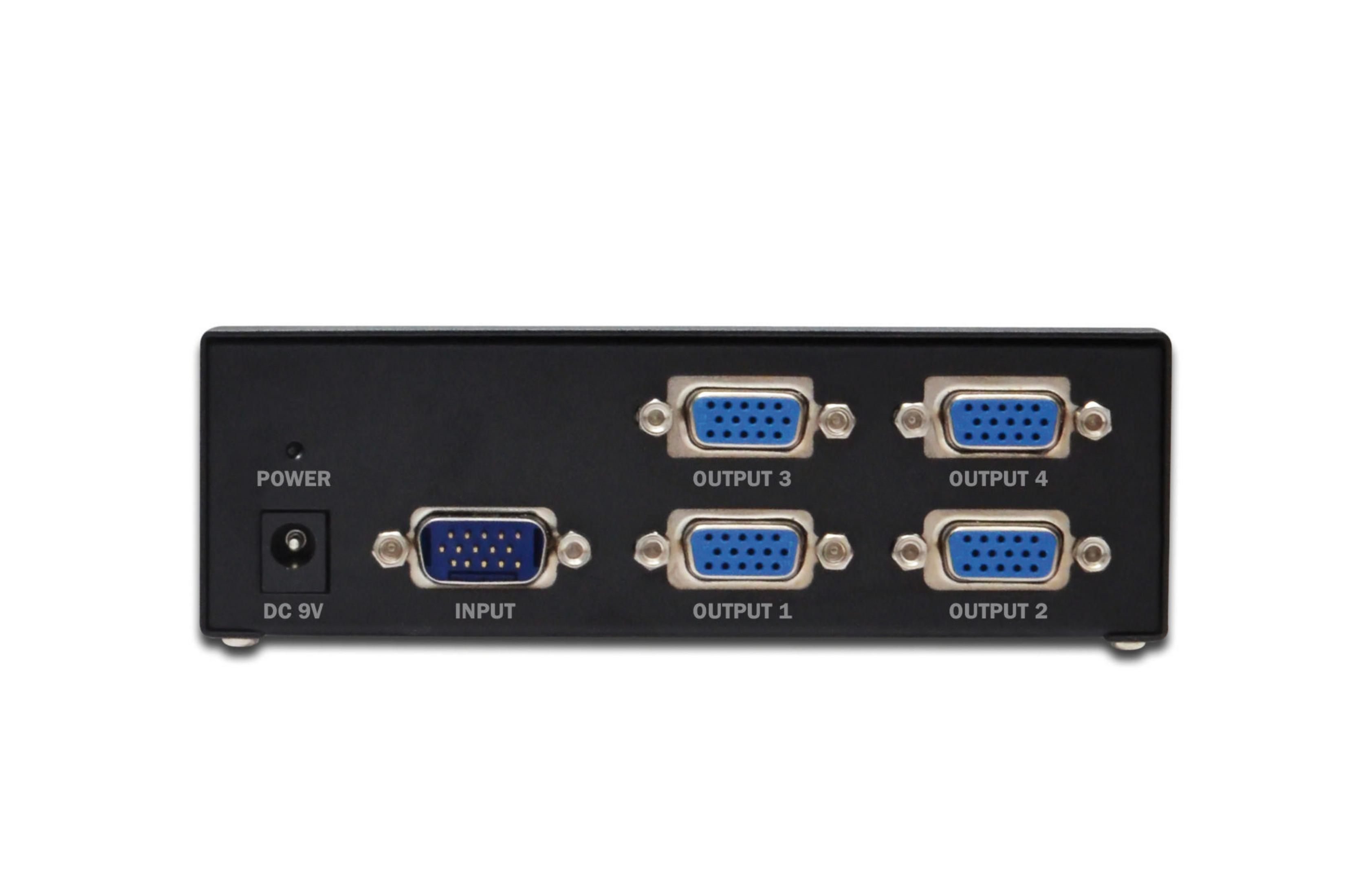 Schwarzer VGA-Splitter mit beschrifteten Ein- und Ausgangsanschlüssen, Stromanschluss links.