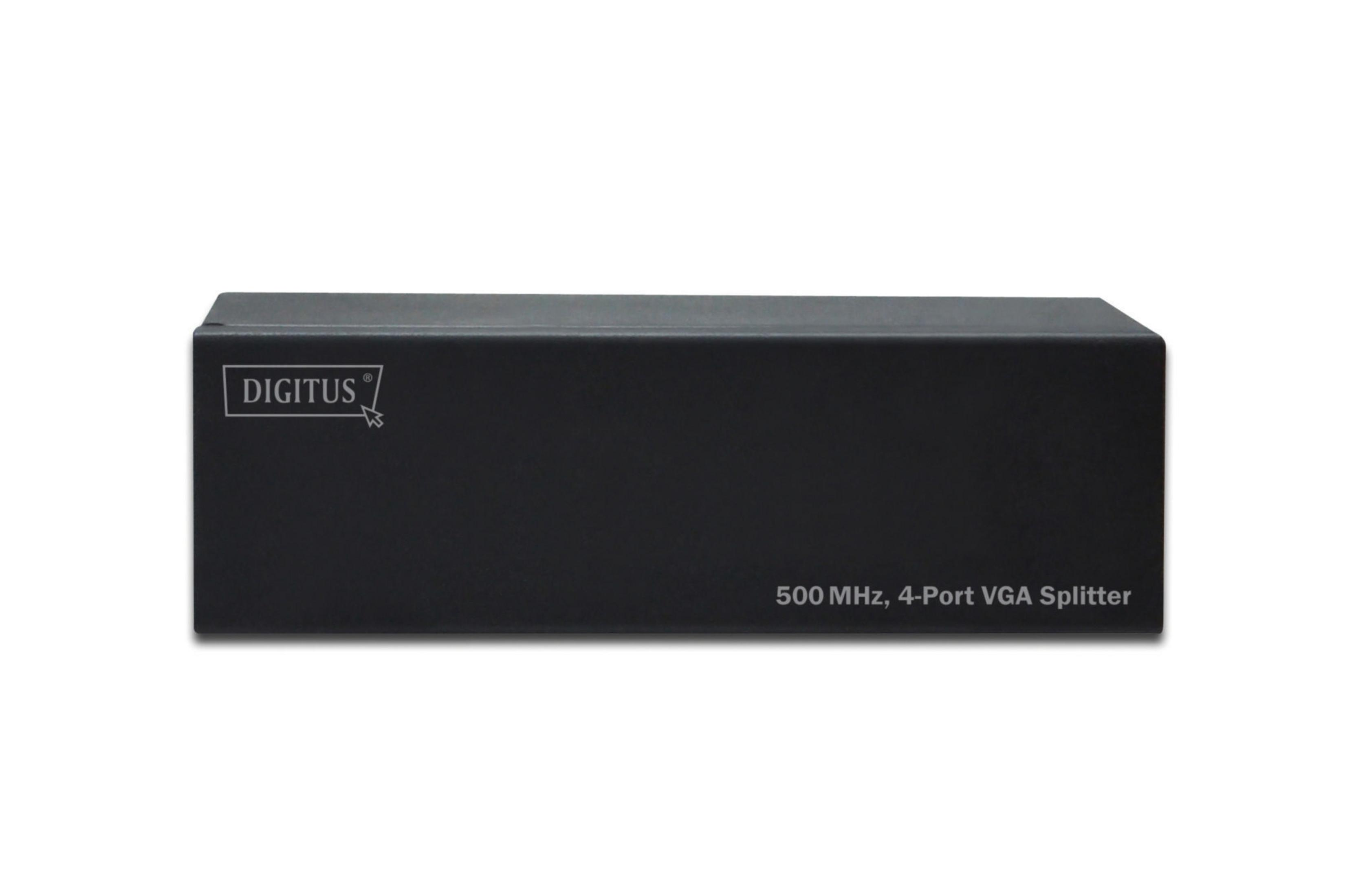 Ein schwarzer Videosplitter mit dem Digitus-Logo und Text mit 500 MHz, 4-Port VGA Splitter.